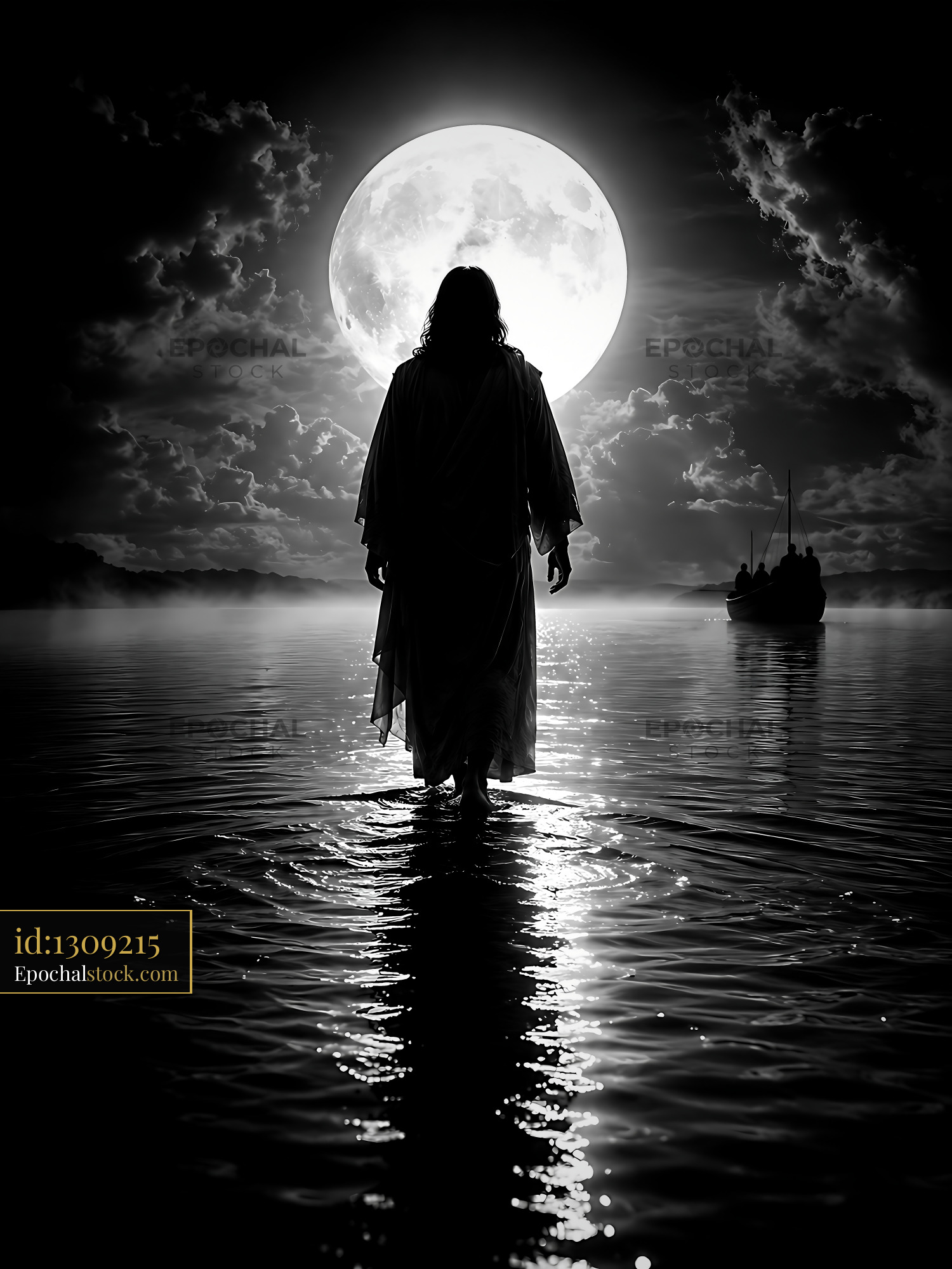 Watermarked full-resolution preview of Person walking on water under a full moon