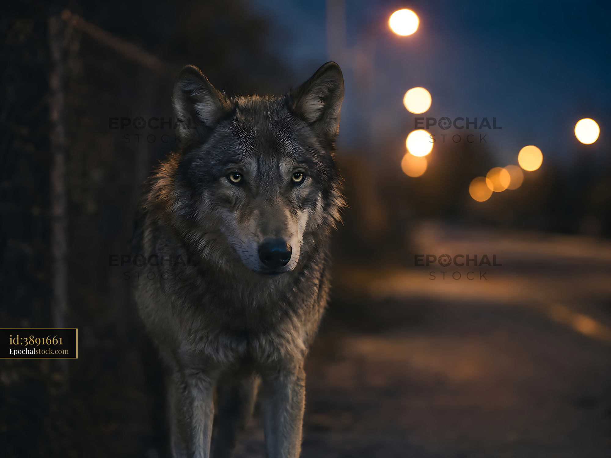Watermarked full-resolution preview of Wolf standing near a street at night with bright streetlights
