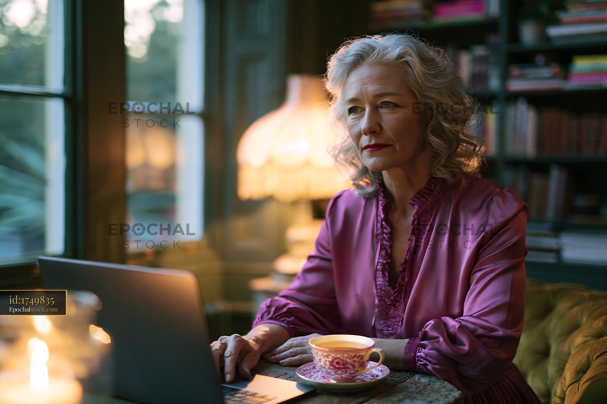 Watermarked full-resolution preview of Senior woman working on laptop in cozy room with warm light