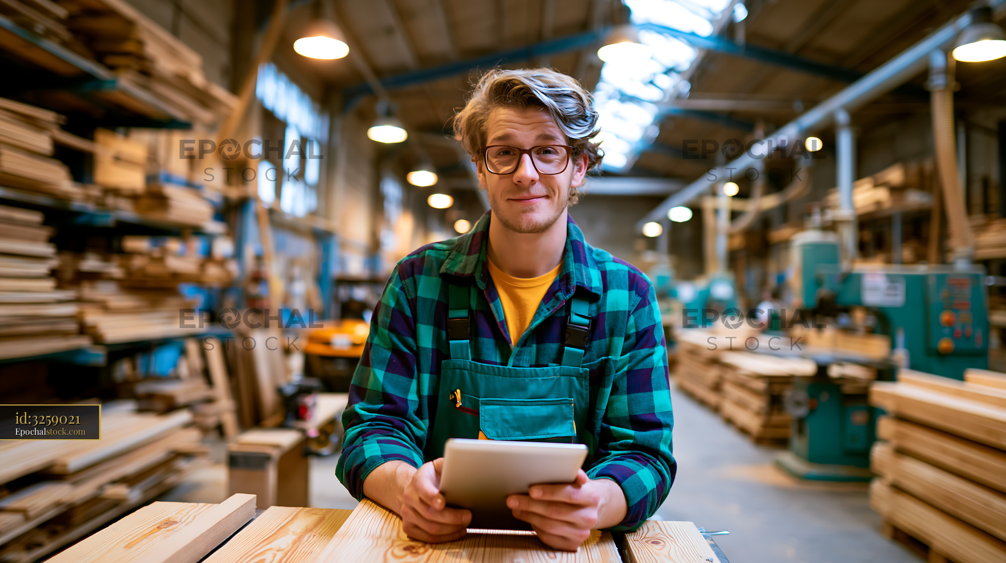 Watermarked full-resolution preview of Man using tablet in wood workshop