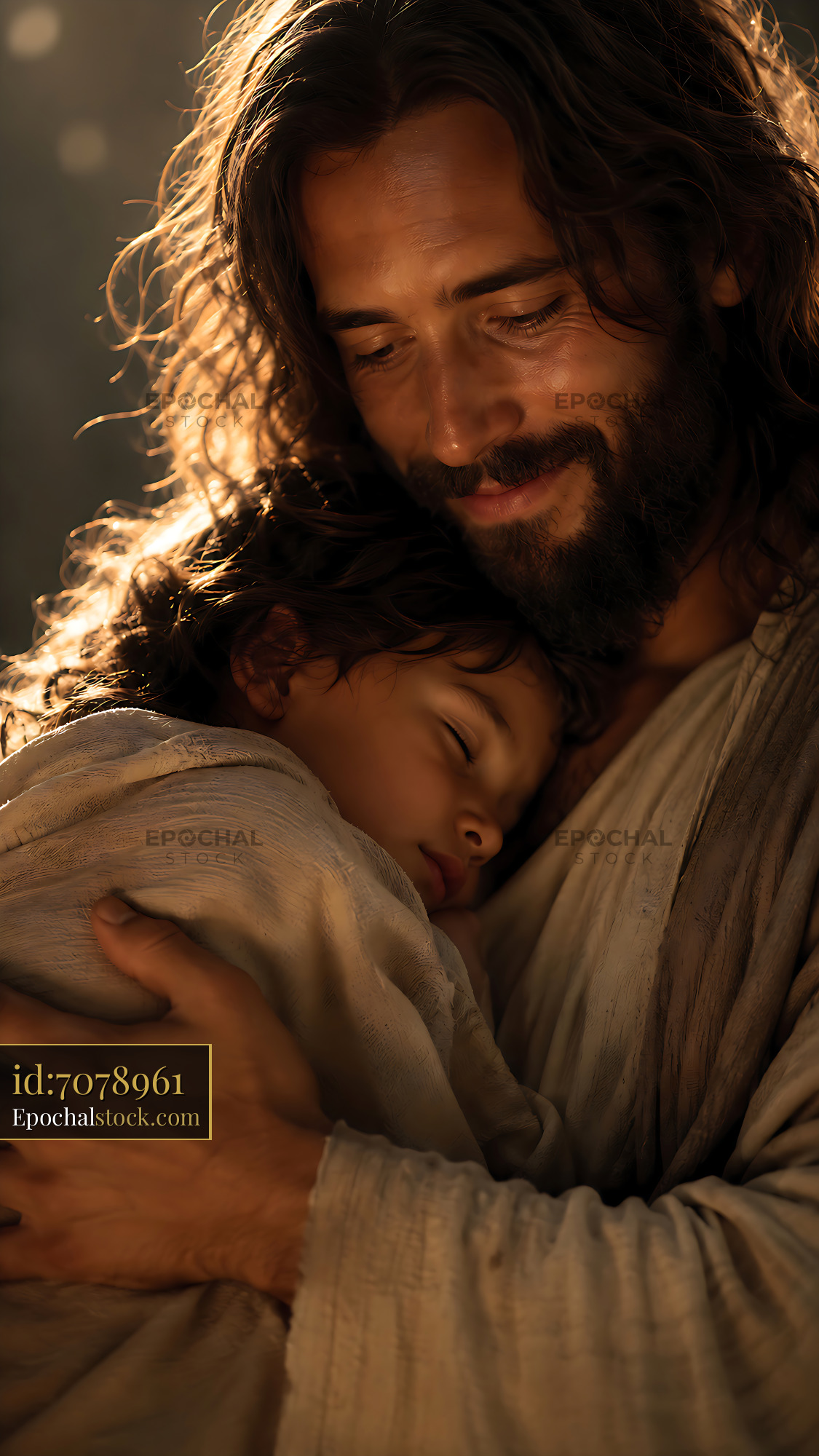 Man Holds Sleeping Child in Warm Light During Quiet Moment - stock photo