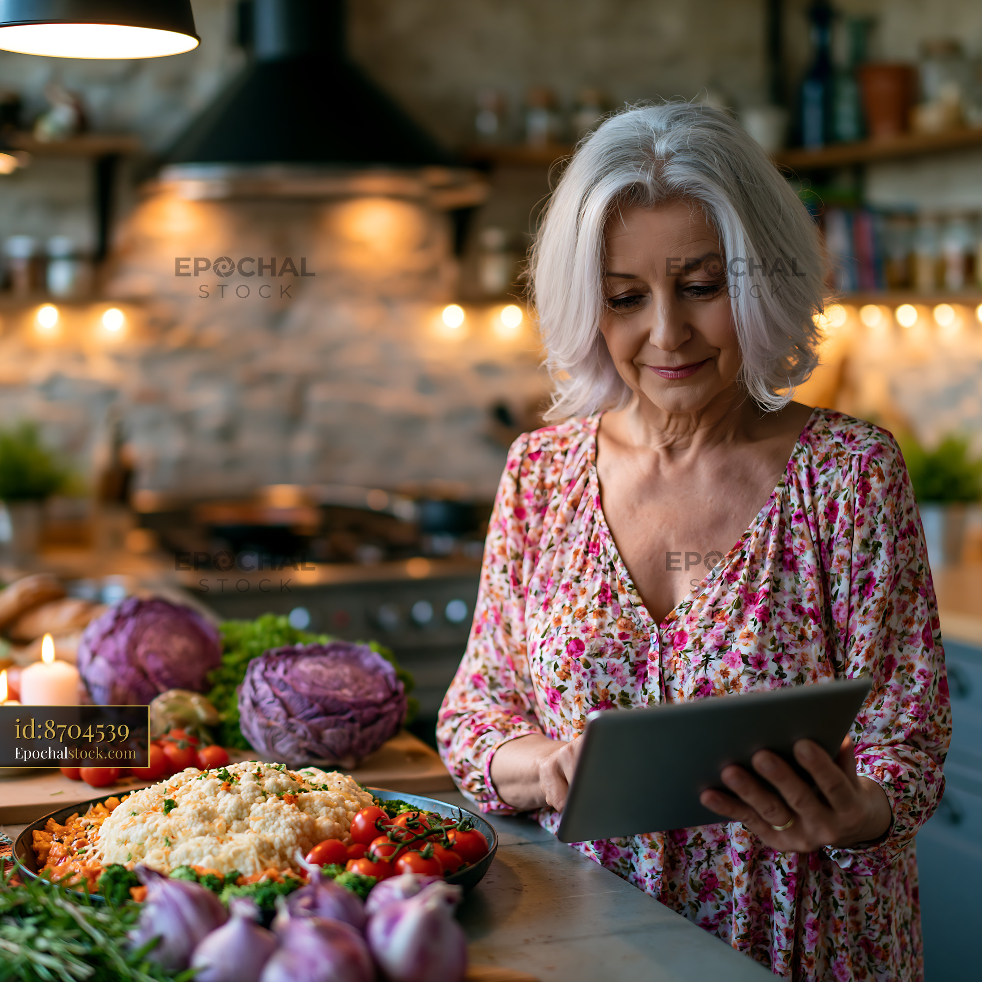 Watermarked full-resolution preview of Woman with tablet and fresh food in a warmly lit kitchen