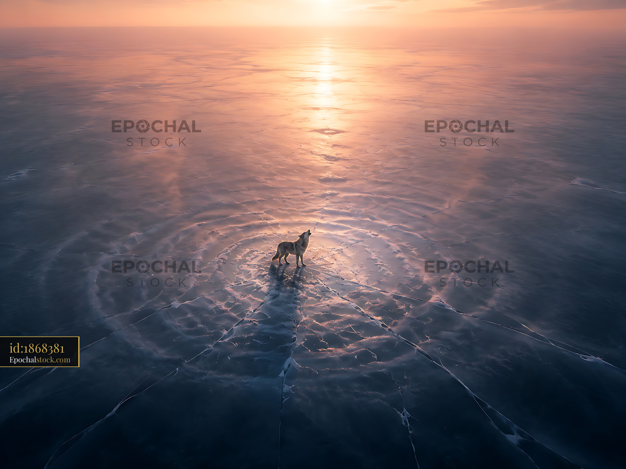 Watermarked full-resolution preview of Solo wolf standing on ice during sunset