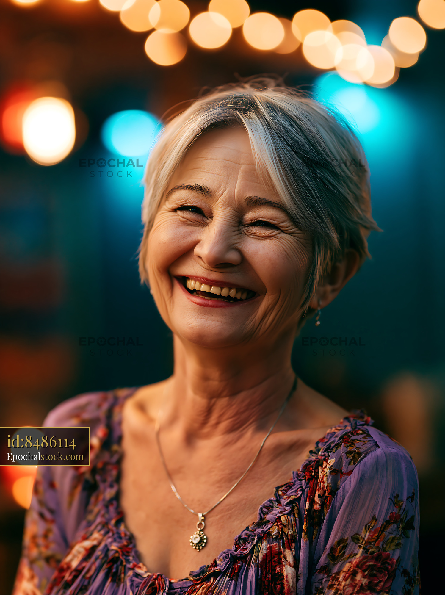 Watermarked full-resolution preview of Smiling woman with short gray hair in festive setting