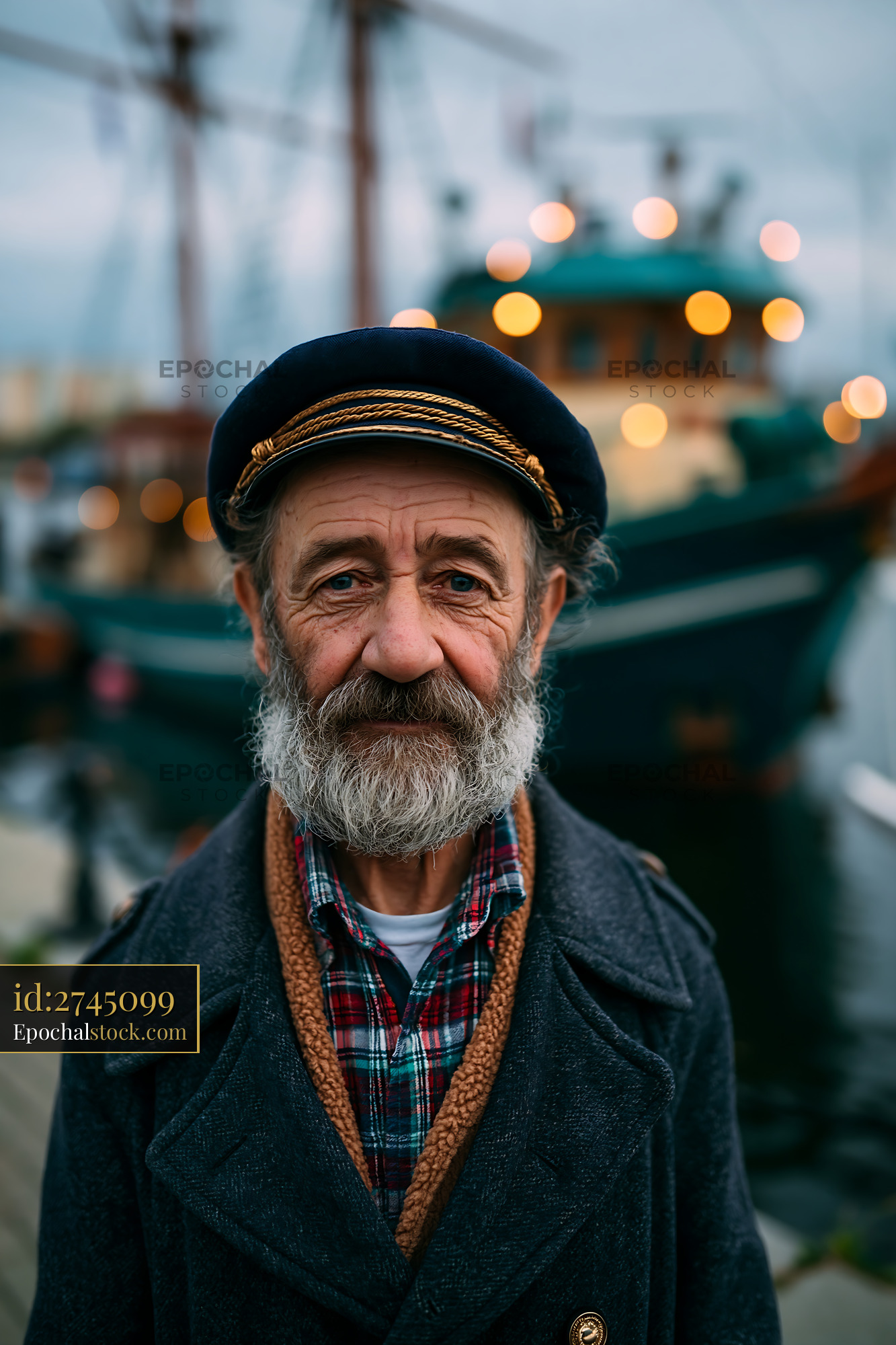 Watermarked full-resolution preview of Old man with beard and sailor cap near historic ship