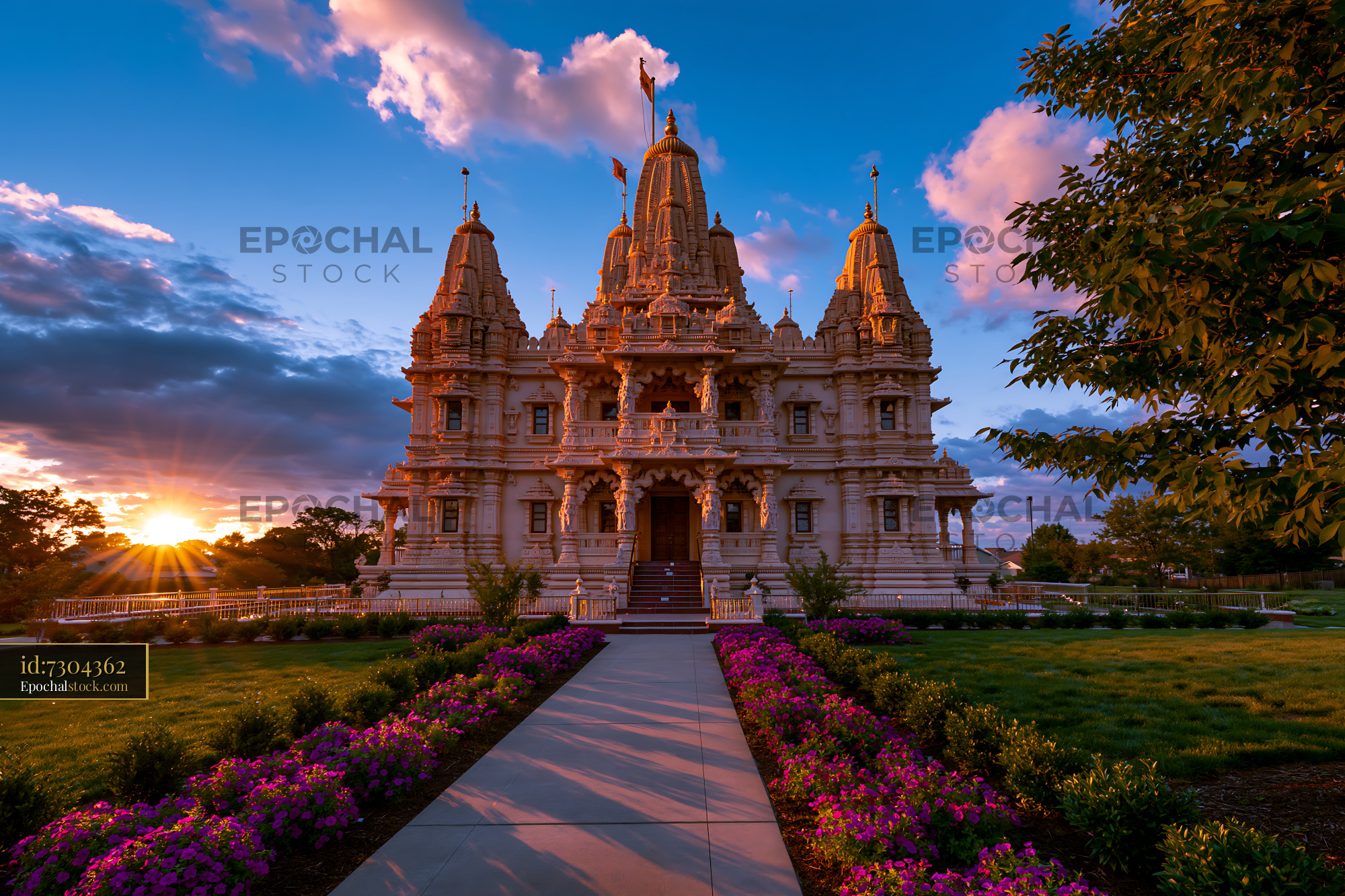 Watermarked full-resolution preview of Sunset view of a temple surrounded by flowers and greenery