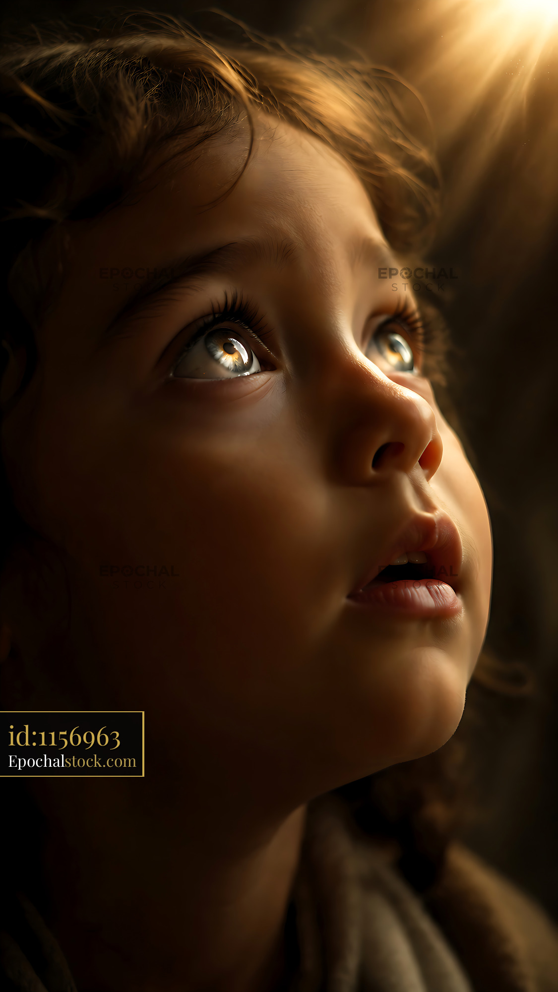 Watermarked full-resolution preview of Child looking up admiring light from a window