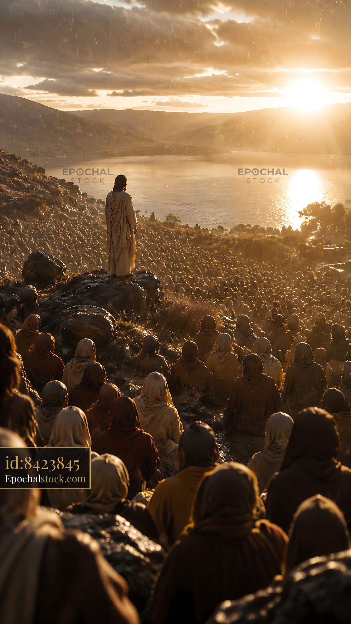 Watermarked full-resolution preview of Crowd listening to a figure at sunset near a lake