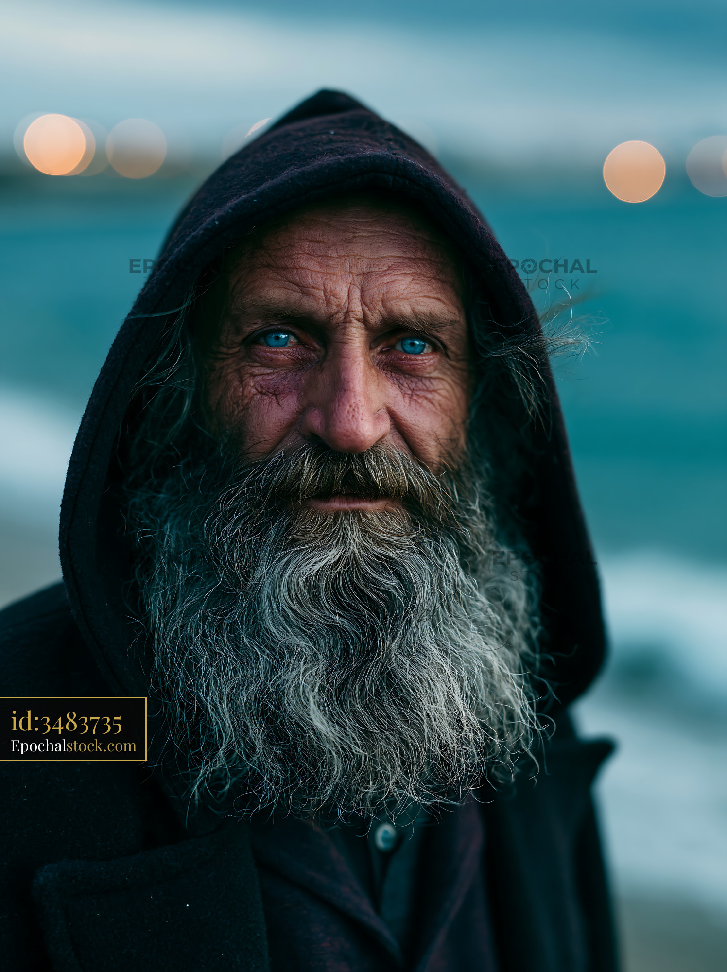 Watermarked full-resolution preview of Man with long beard in hood near the shore at dusk
