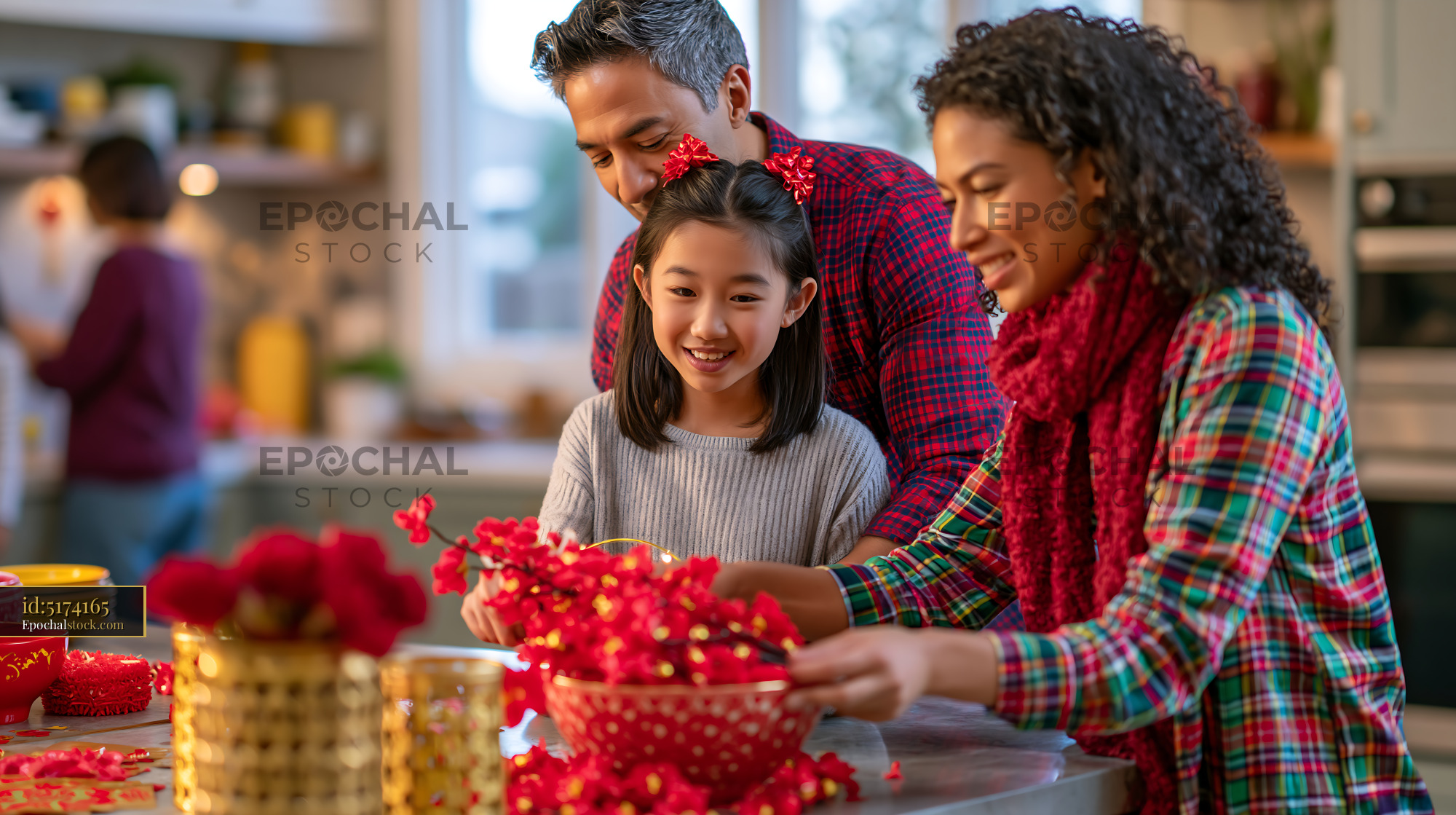 Multiracial Family Decorating for Lunar New Year Celebration - stock photo
