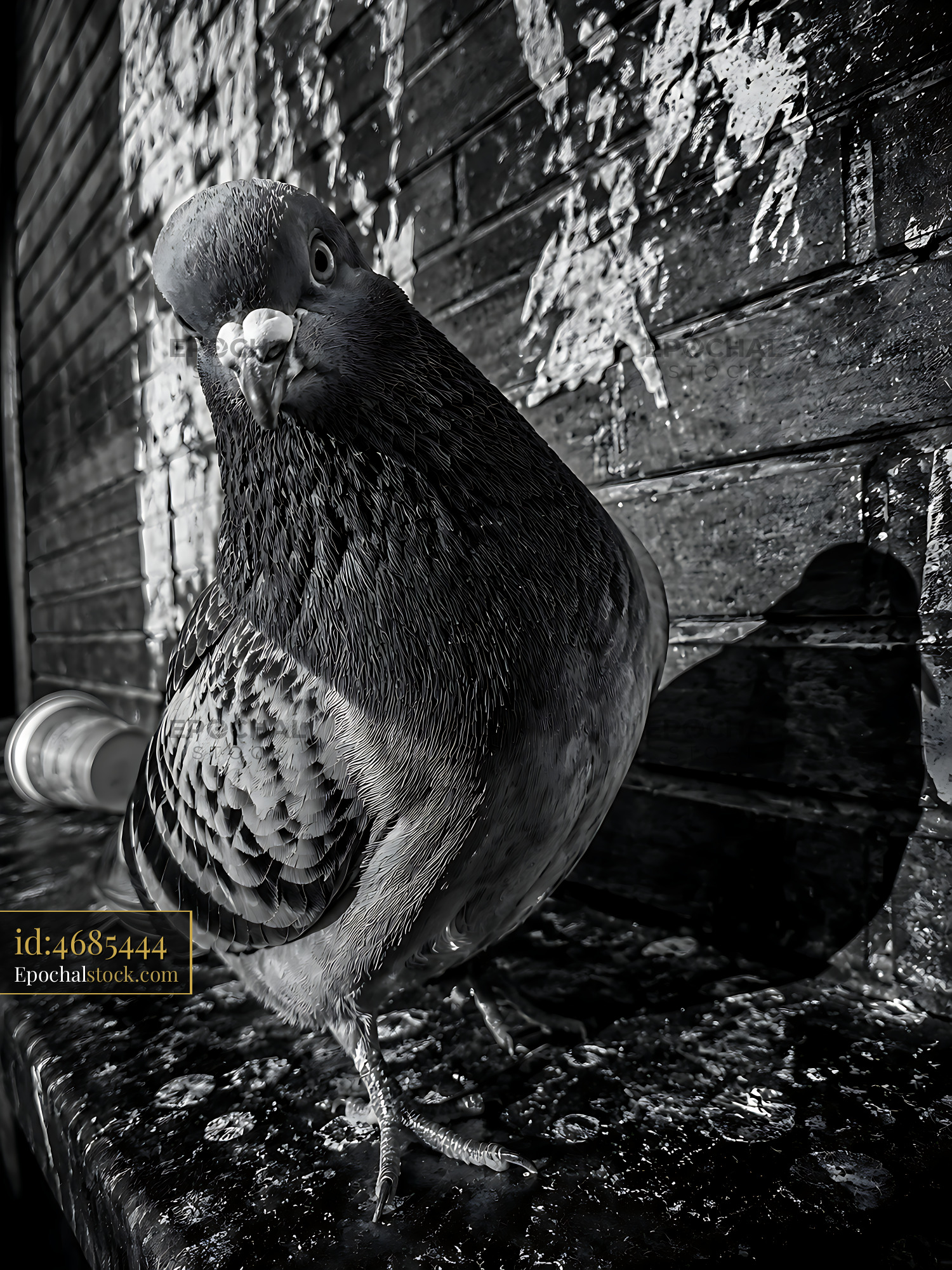 Watermarked full-resolution preview of Pigeon standing on a wet surface with a weathered wall behind