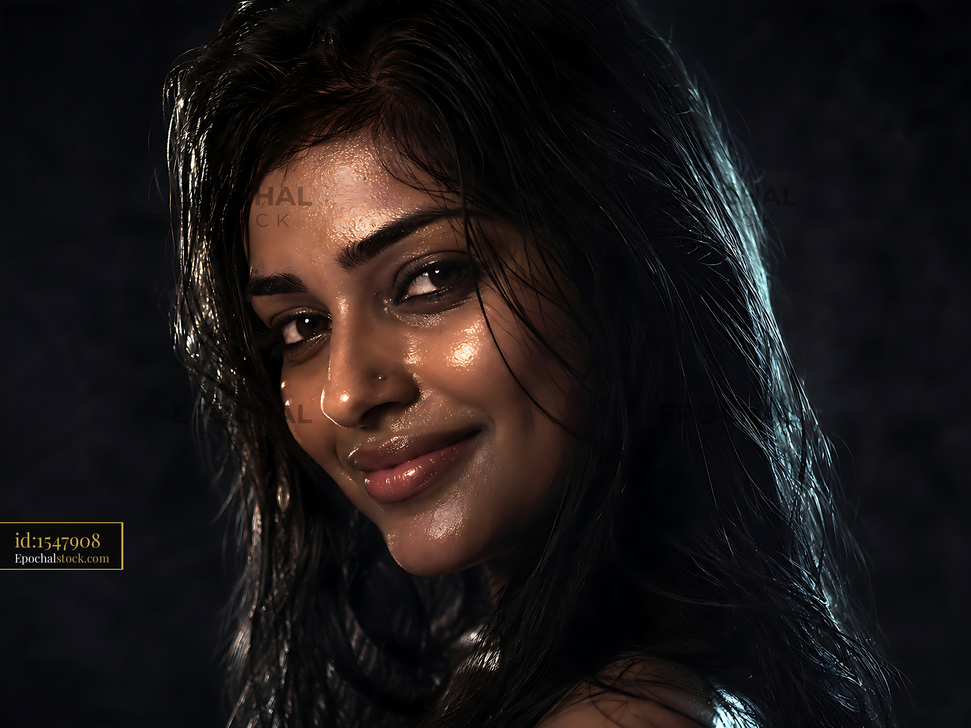 Watermarked full-resolution preview of Woman smiling with wet hair in a dark background