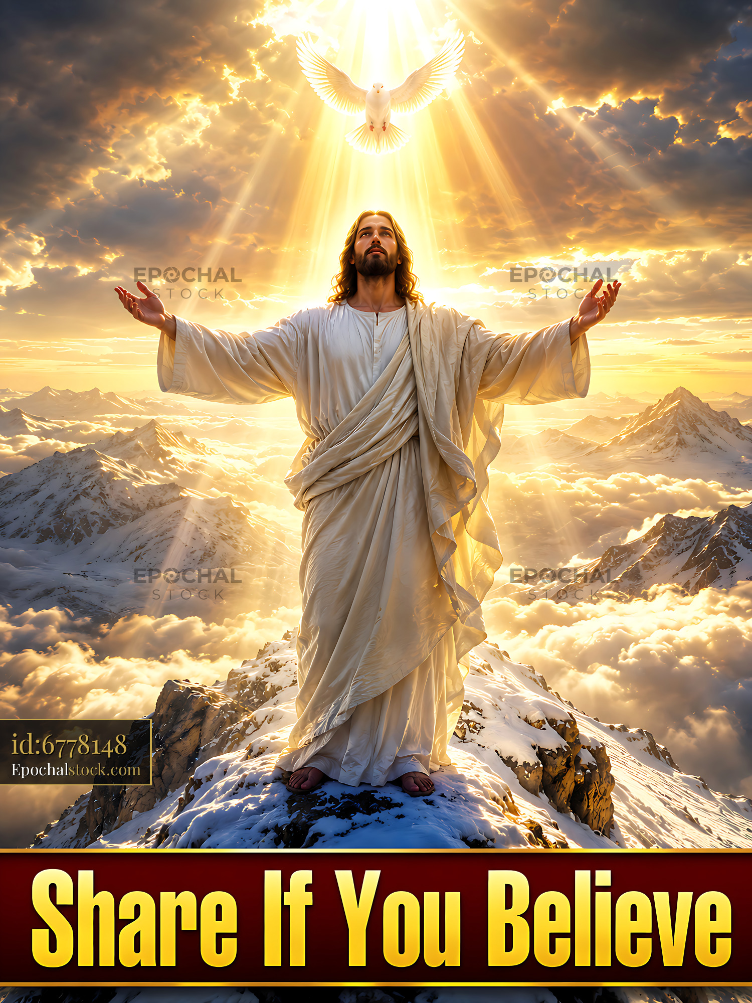 Watermarked full-resolution preview of Jesus standing on a mountain with a dove and light above