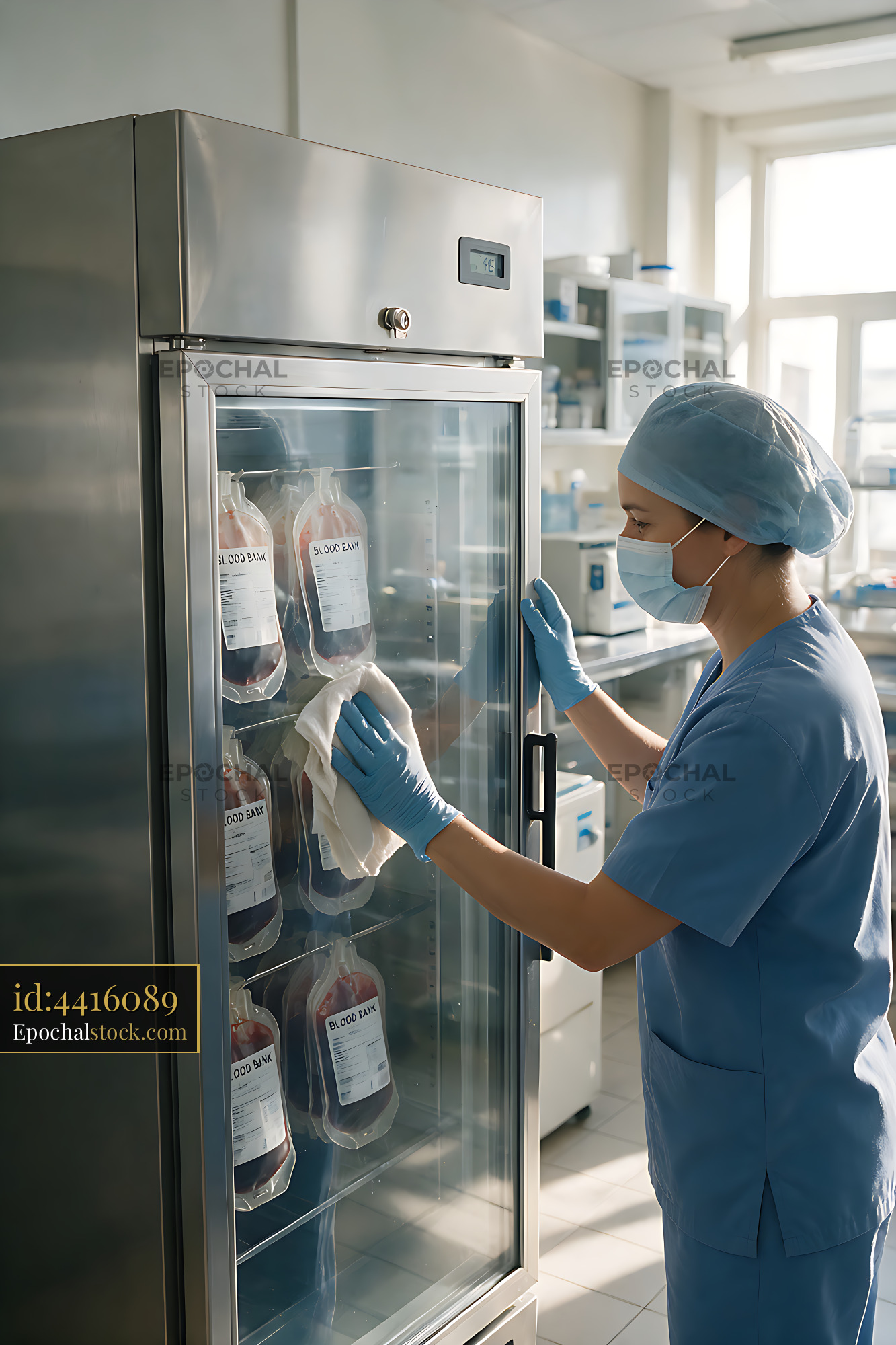 Watermarked full-resolution preview of Medical worker organizing blood bags in a refrigerator