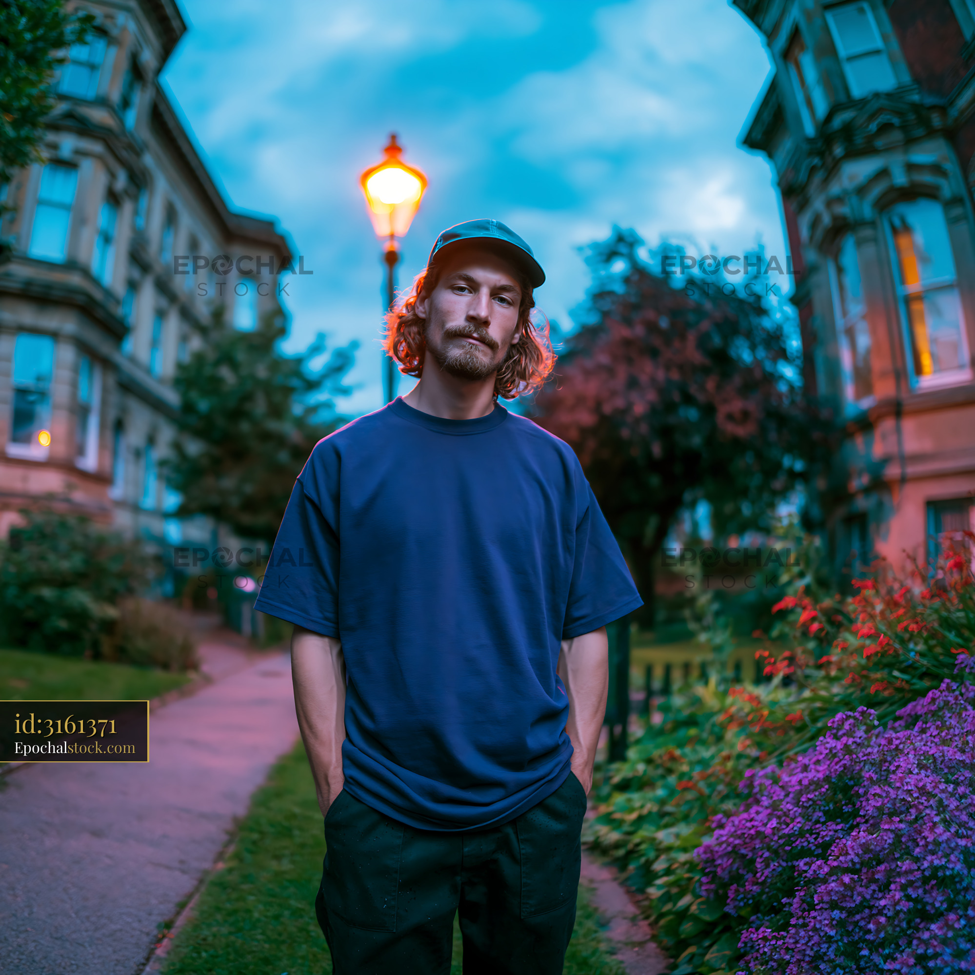 Watermarked full-resolution preview of Man standing in a park with flowers and buildings at dusk