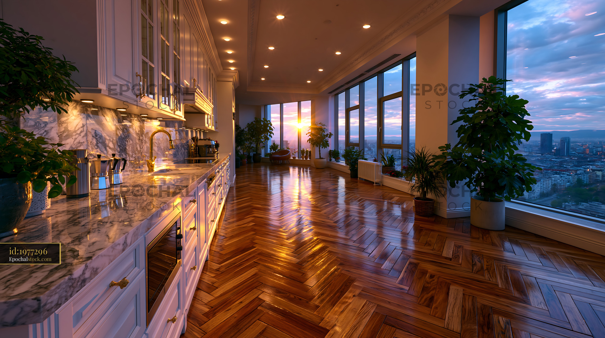 Watermarked full-resolution preview of Modern kitchen with sunset view in high-rise apartment