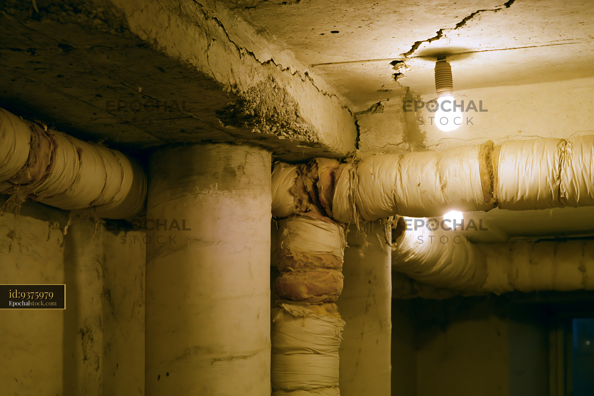 Watermarked full-resolution preview of Old basement with concrete pillars and exposed pipes