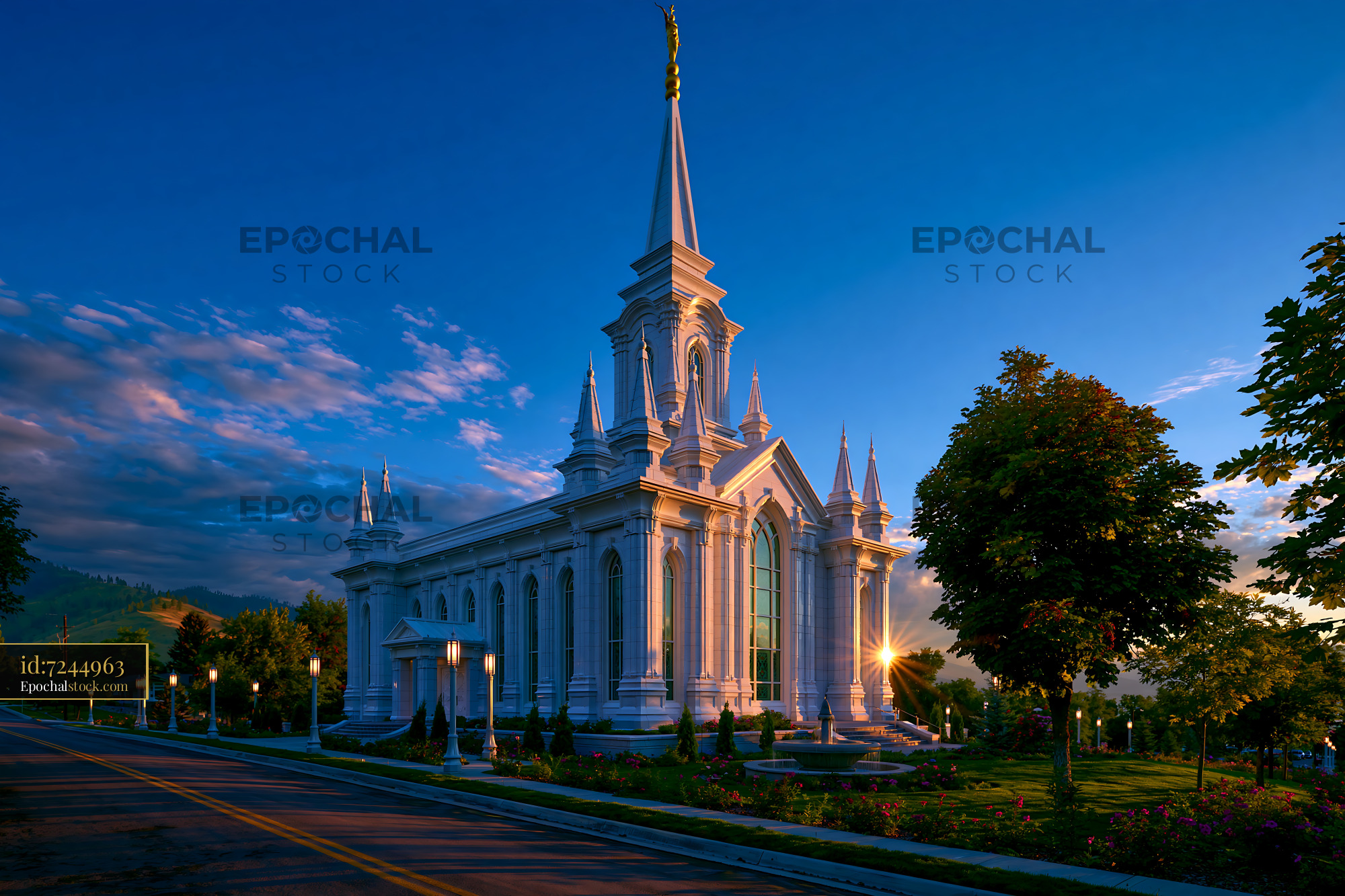 Watermarked full-resolution preview of White spired temple glowing in evening light