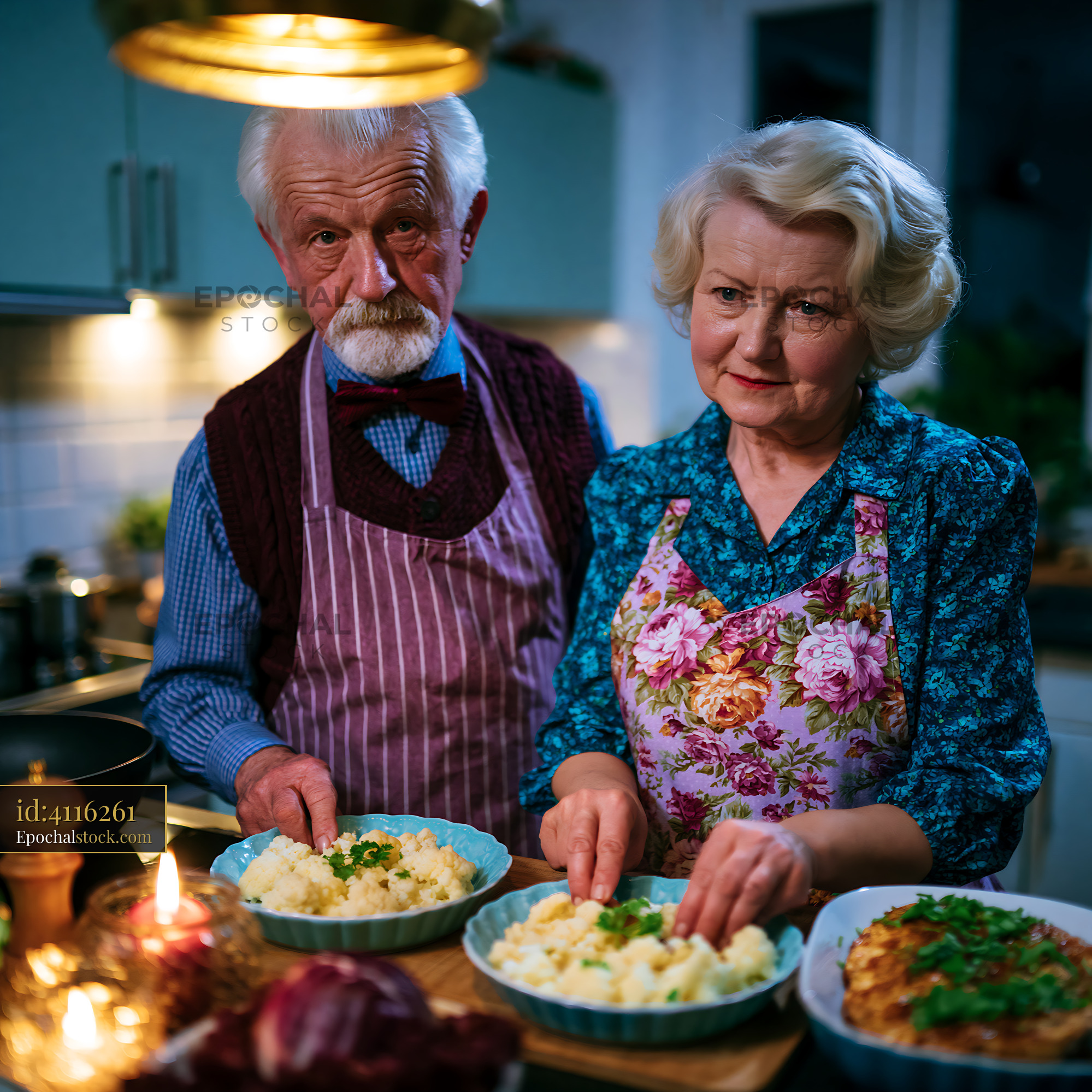 Watermarked full-resolution preview of Elderly couple preparing dinner in a cozy kitchen at night