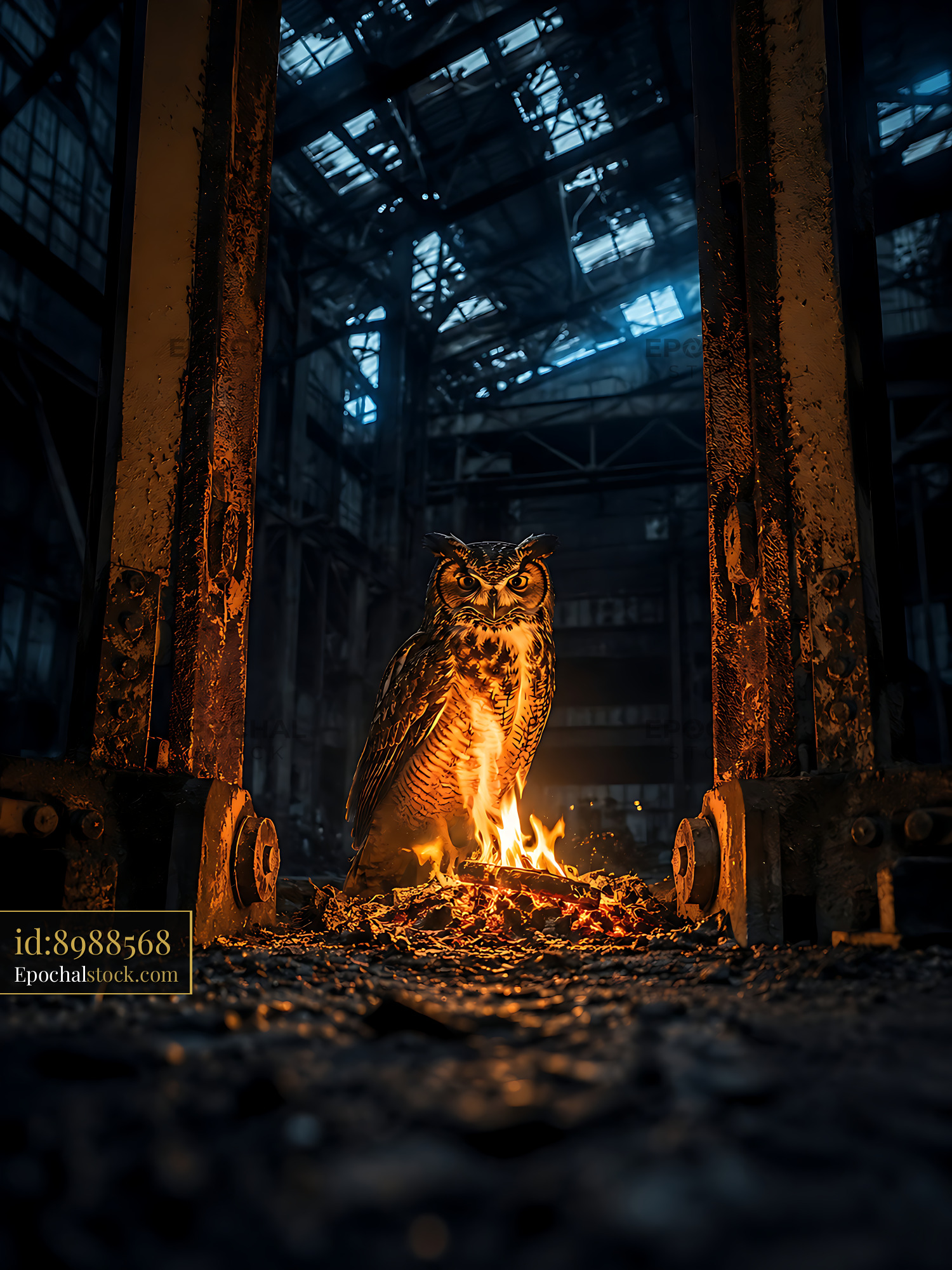 Watermarked full-resolution preview of Owl perched near fire in abandoned industrial building