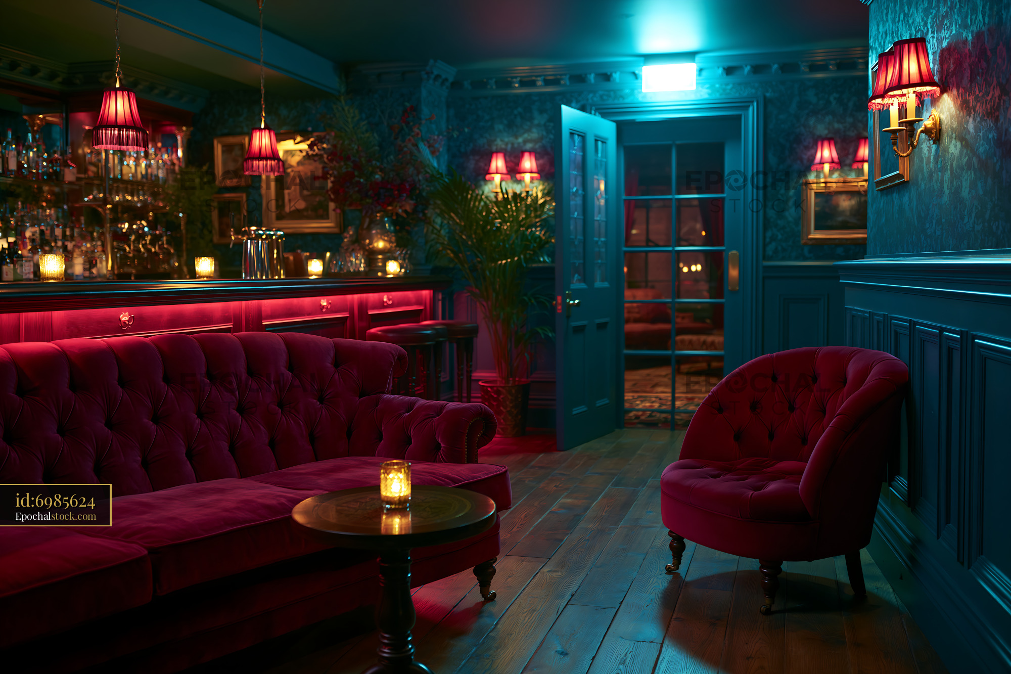Watermarked full-resolution preview of Cozy lounge area with red furniture and soft lighting