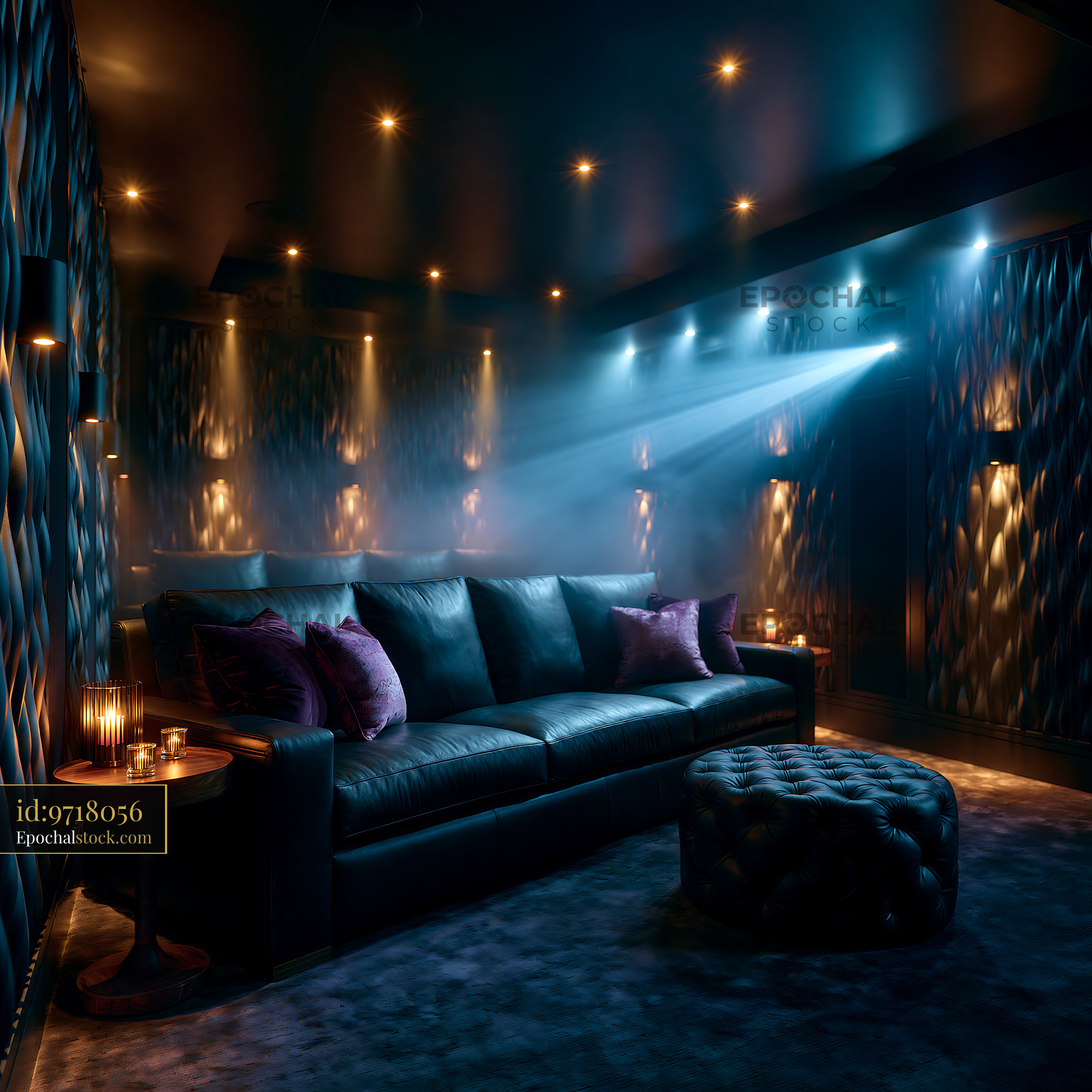 Watermarked full-resolution preview of Cozy home theater with dark lighting and comfortable seating