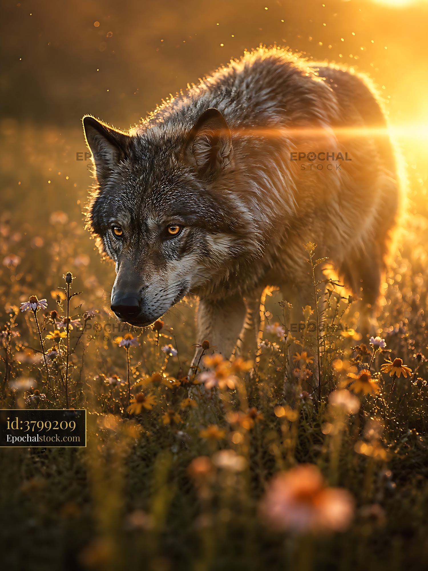 Watermarked full-resolution preview of Wolf walking through field during sunset