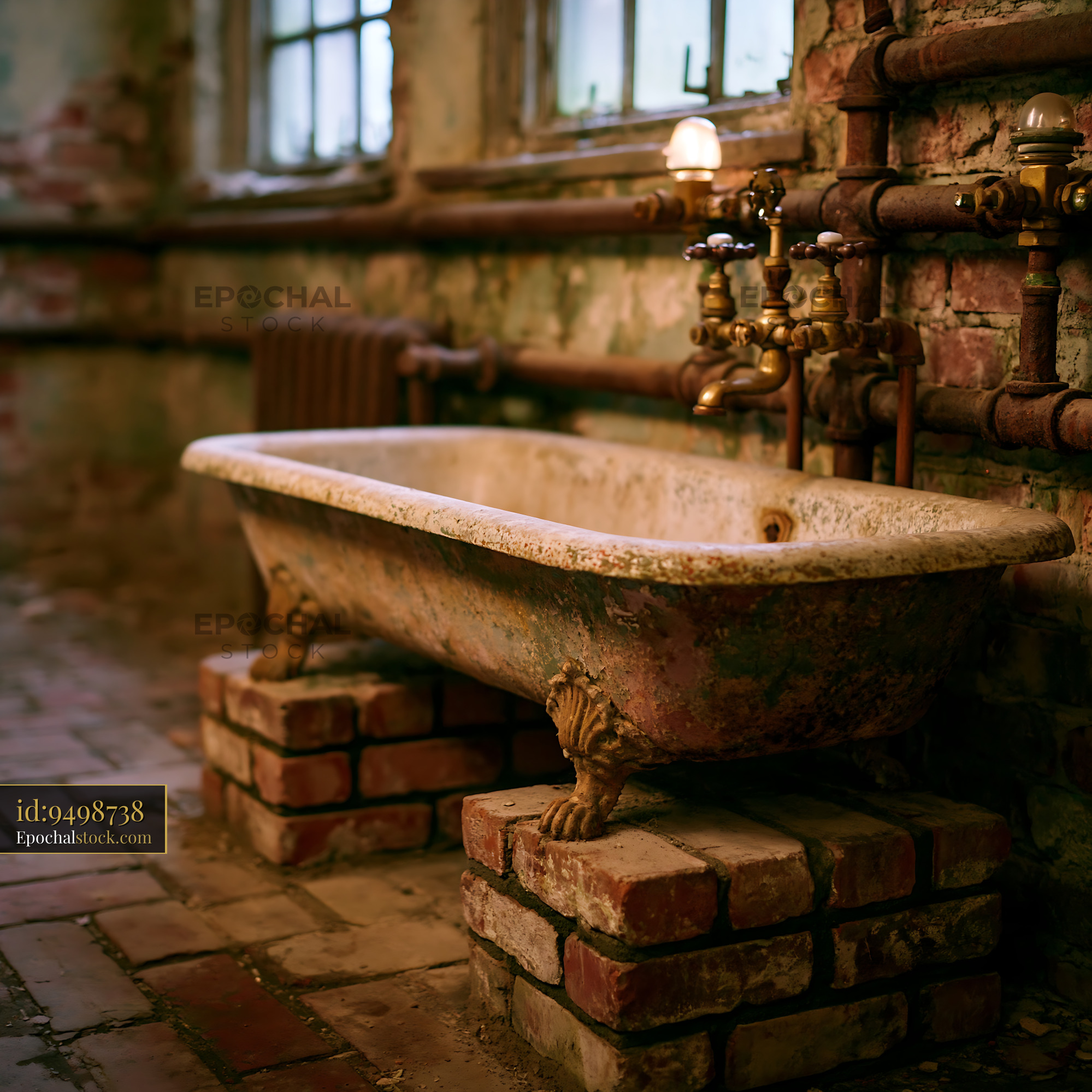 Watermarked full-resolution preview of Old bathtub in a rustic bathroom with exposed brick walls