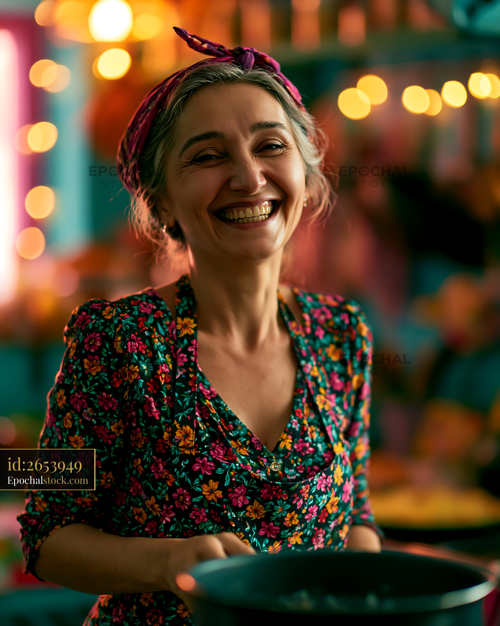 Watermarked full-resolution preview of Woman smiling while cooking in a vibrant kitchen