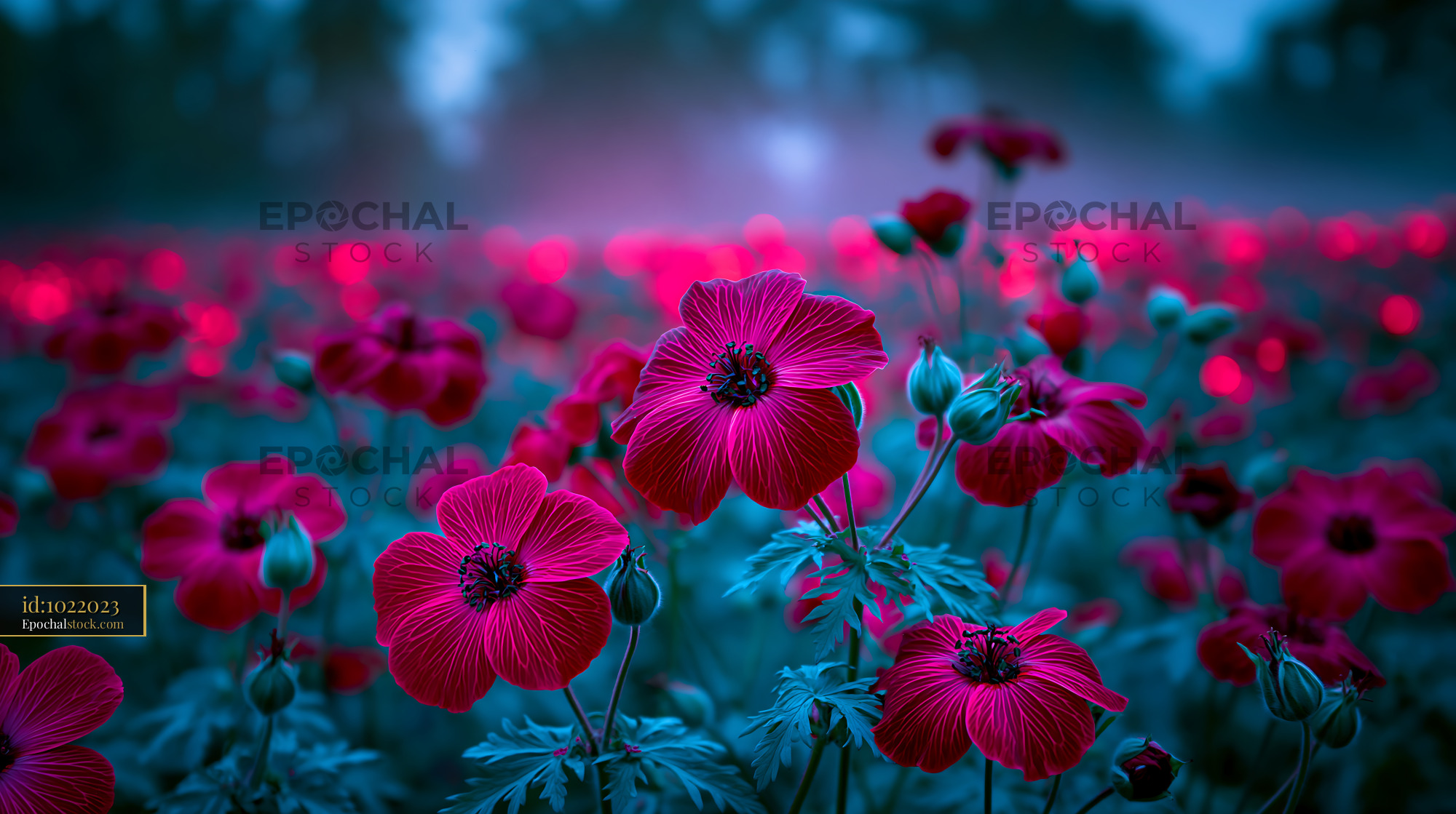 Watermarked full-resolution preview of Vibrant red flowers bloom in a serene field setting