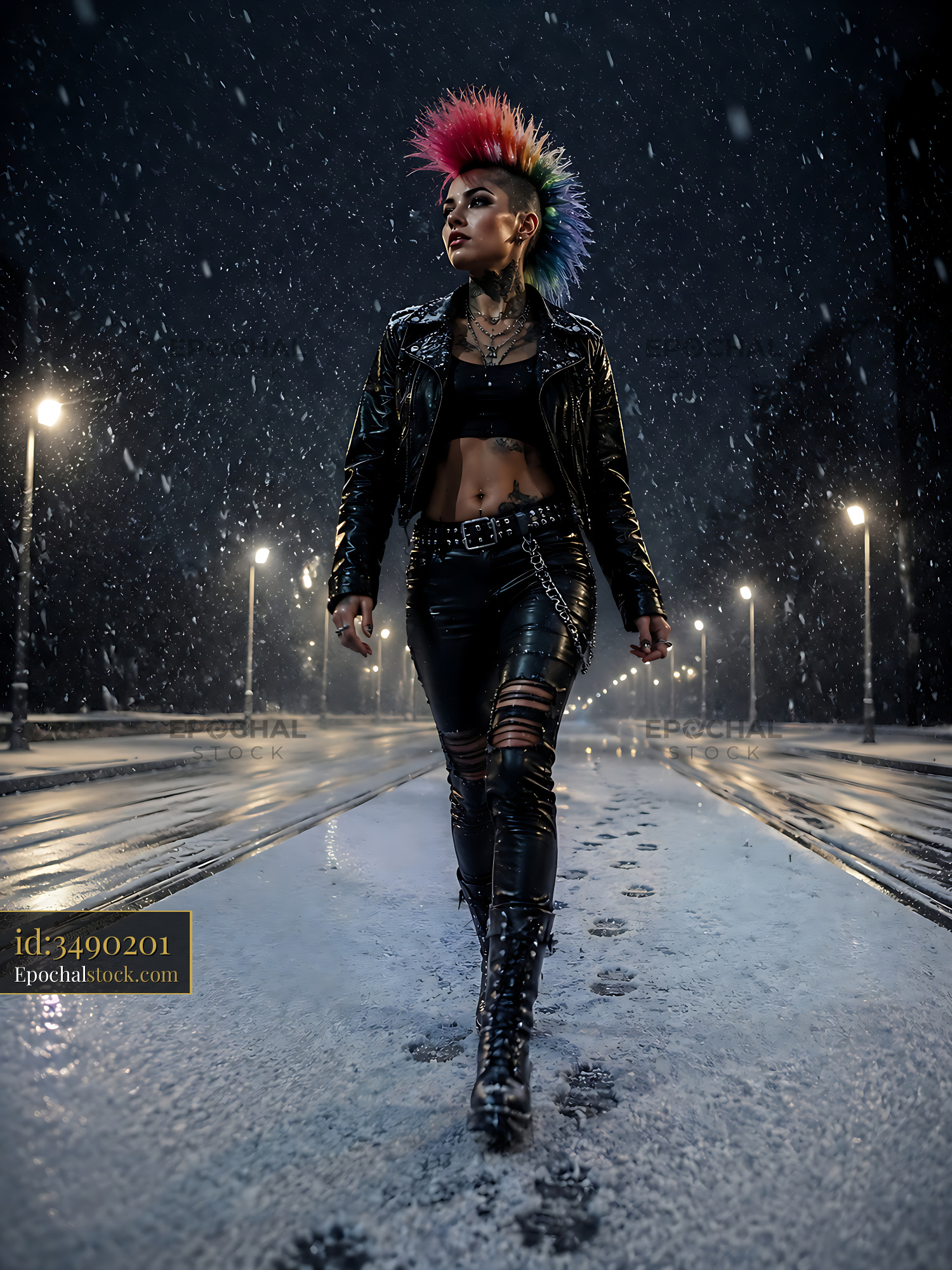 Watermarked full-resolution preview of Punk woman walking on a snowy street at night