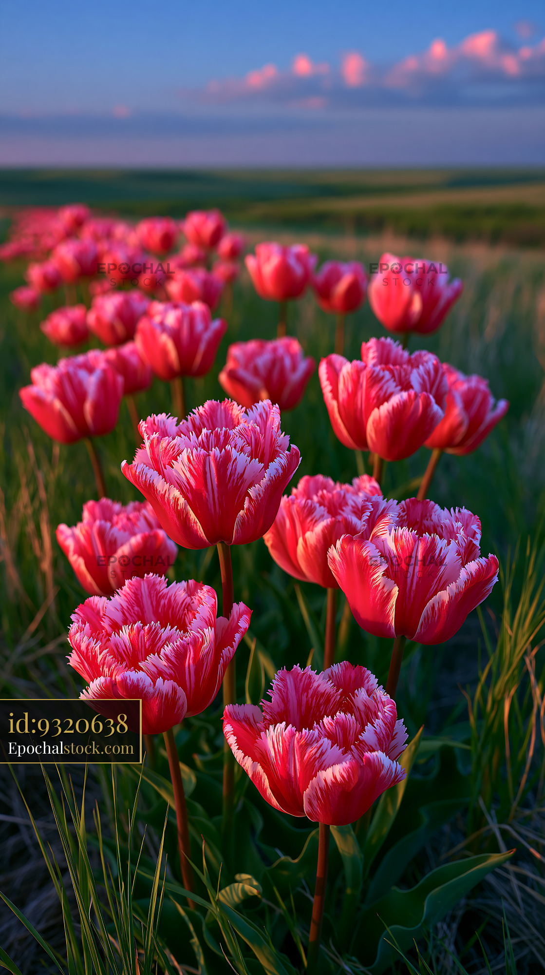 Watermarked full-resolution preview of Colorful tulips bloom in a field at sunset