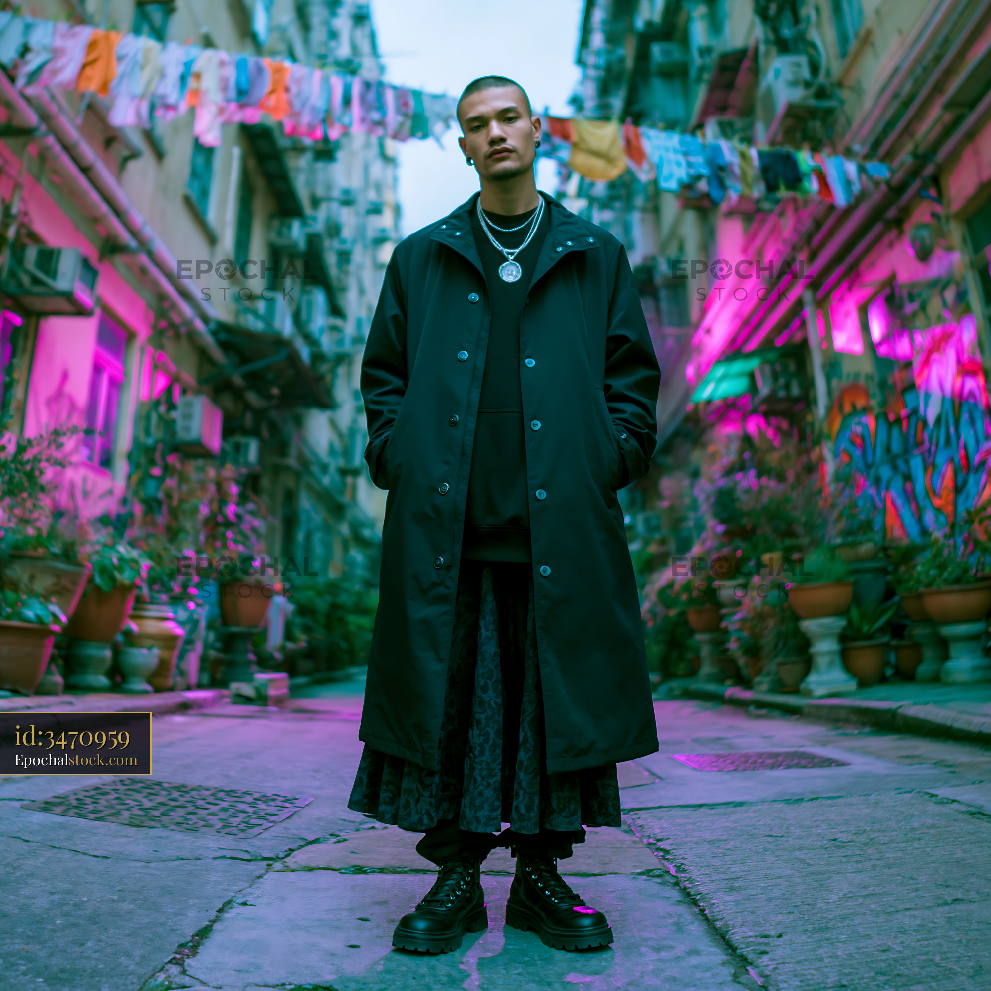 Tall Model in Longline Coat Standing in Urban Alleyway at Night - stock photo