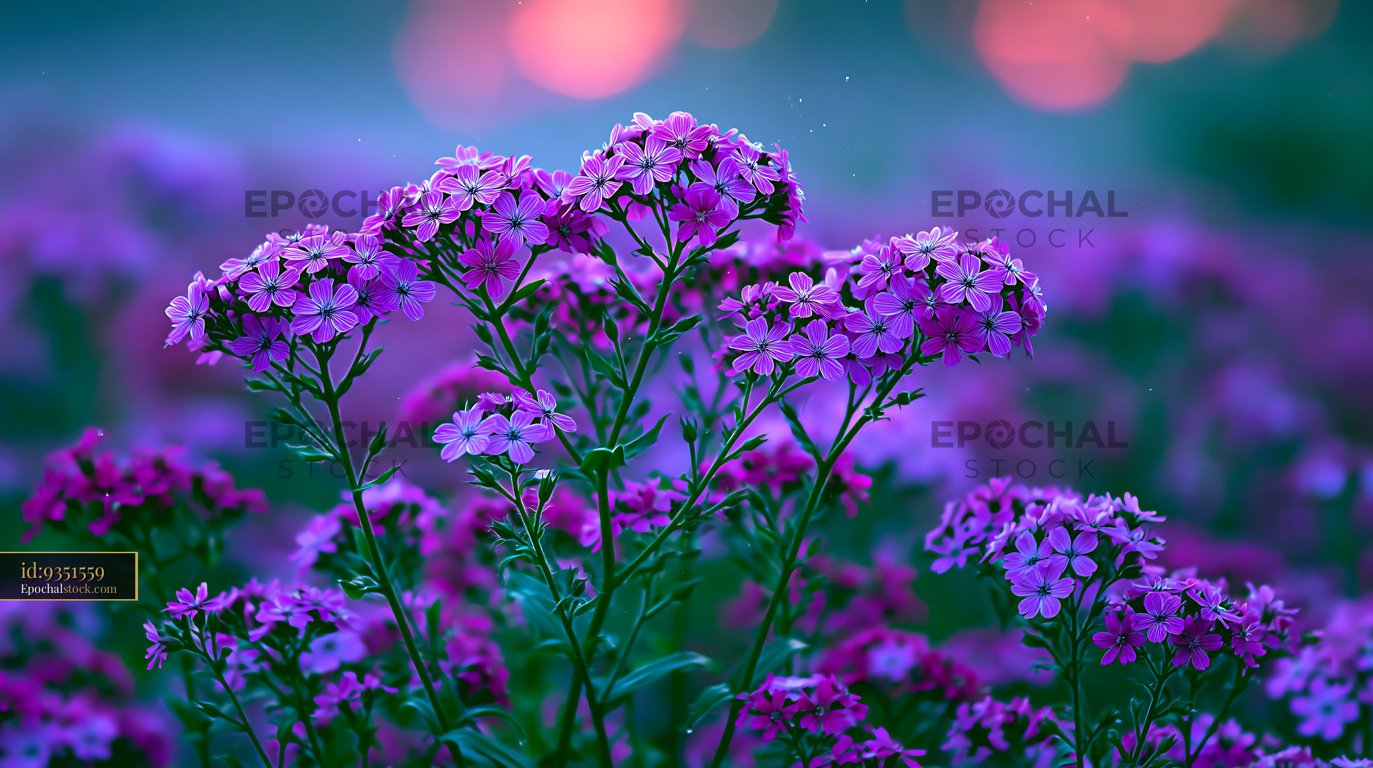 Watermarked full-resolution preview of Purple flowers blooming at sunset in a garden