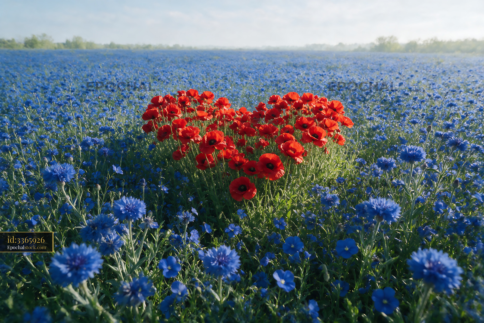 Watermarked full-resolution preview of Heart-shaped flower arrangement in blue flower field