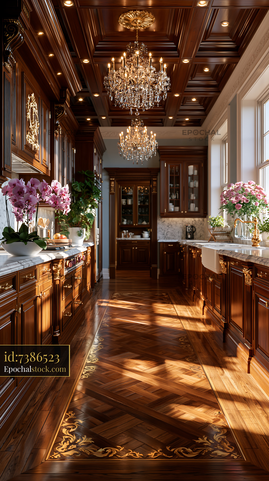 Watermarked full-resolution preview of Elegant wooden kitchen with chandeliers and floral arrangements