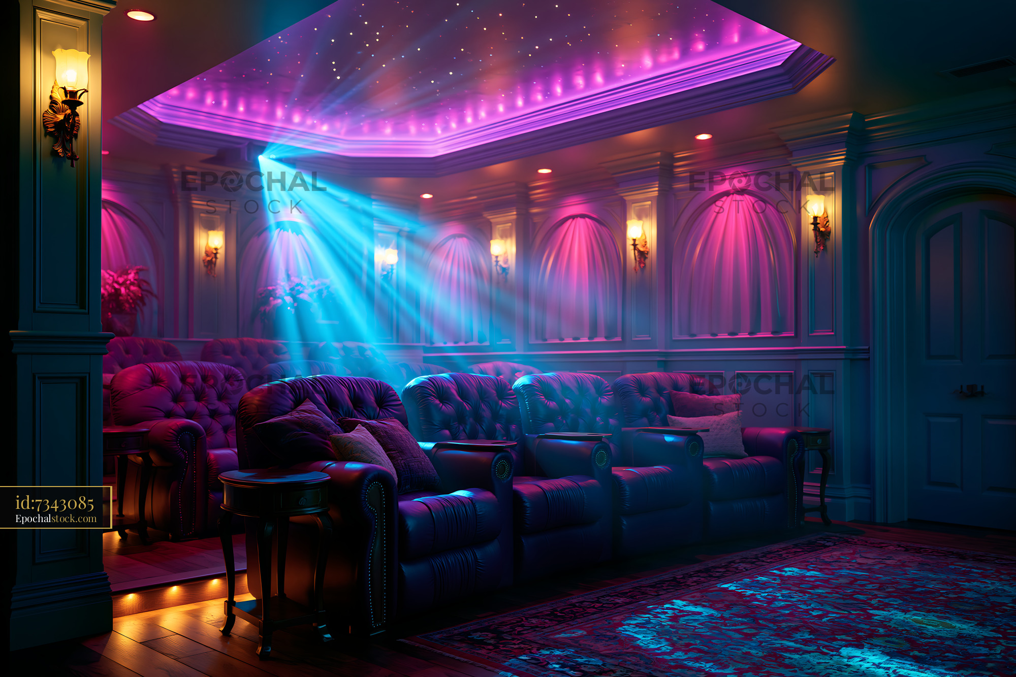 Watermarked full-resolution preview of Home theater with colorful lights and vintage seating