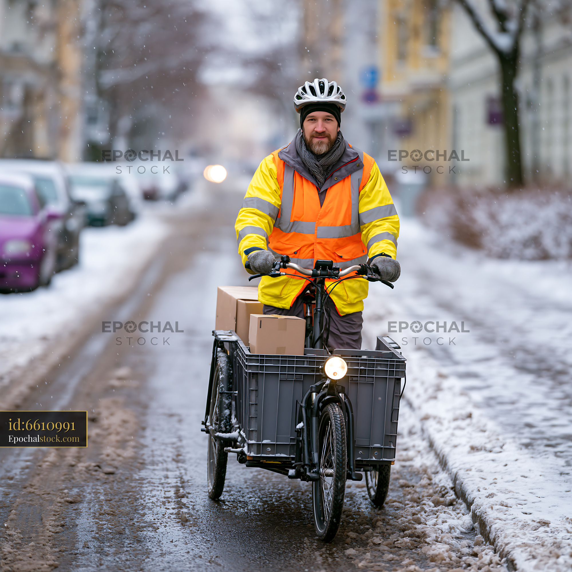 Watermarked full-resolution preview of Delivery person riding a cargo bike through snowy street