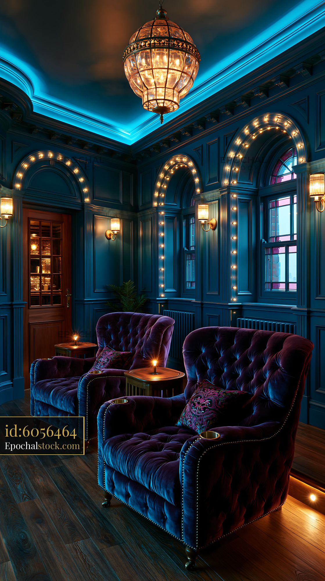 Watermarked full-resolution preview of Cozy sitting area with two purple chairs and soft light