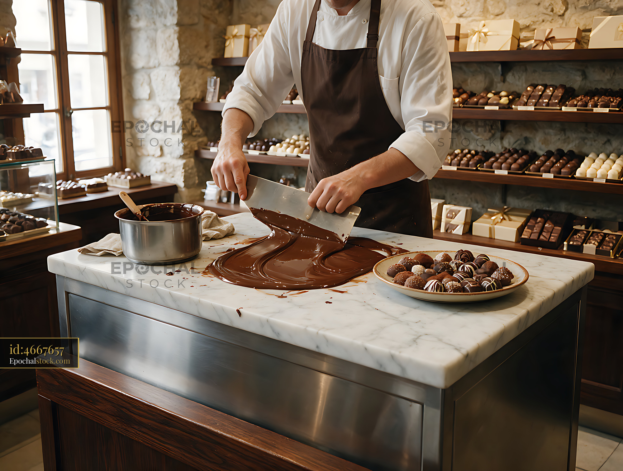Watermarked full-resolution preview of Artisan chocolatier preparing chocolate in a warm shop