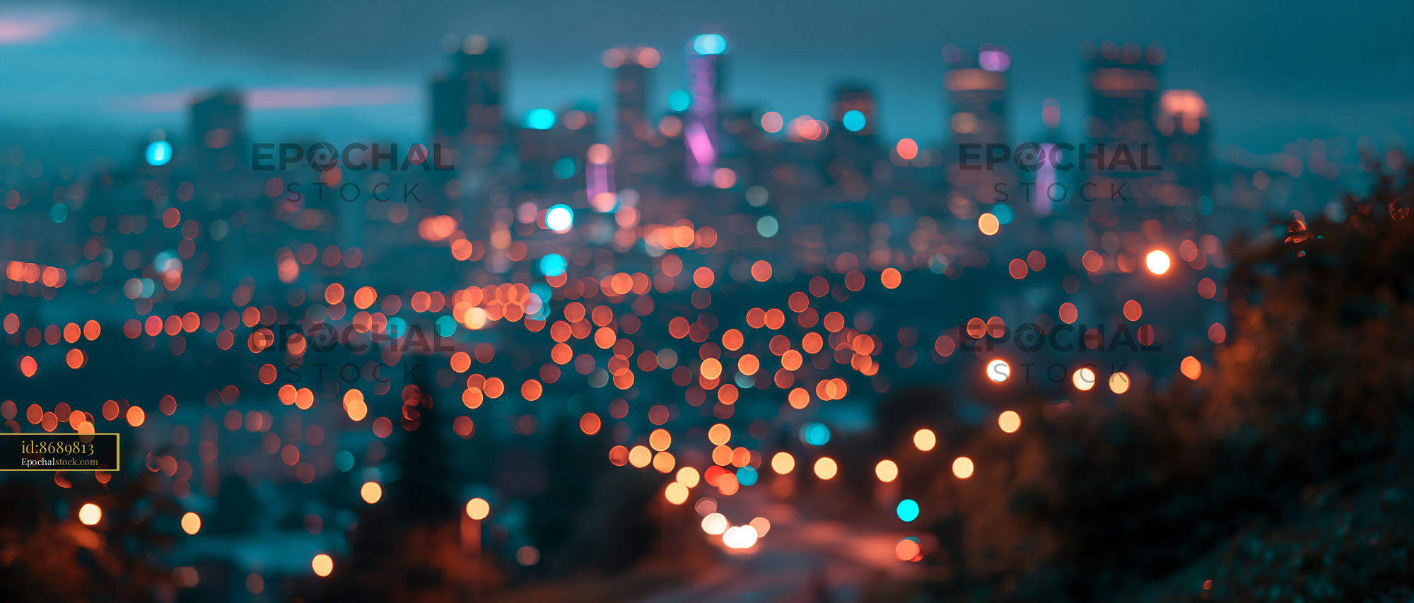 Watermarked full-resolution preview of City skyline with blurred lights at night