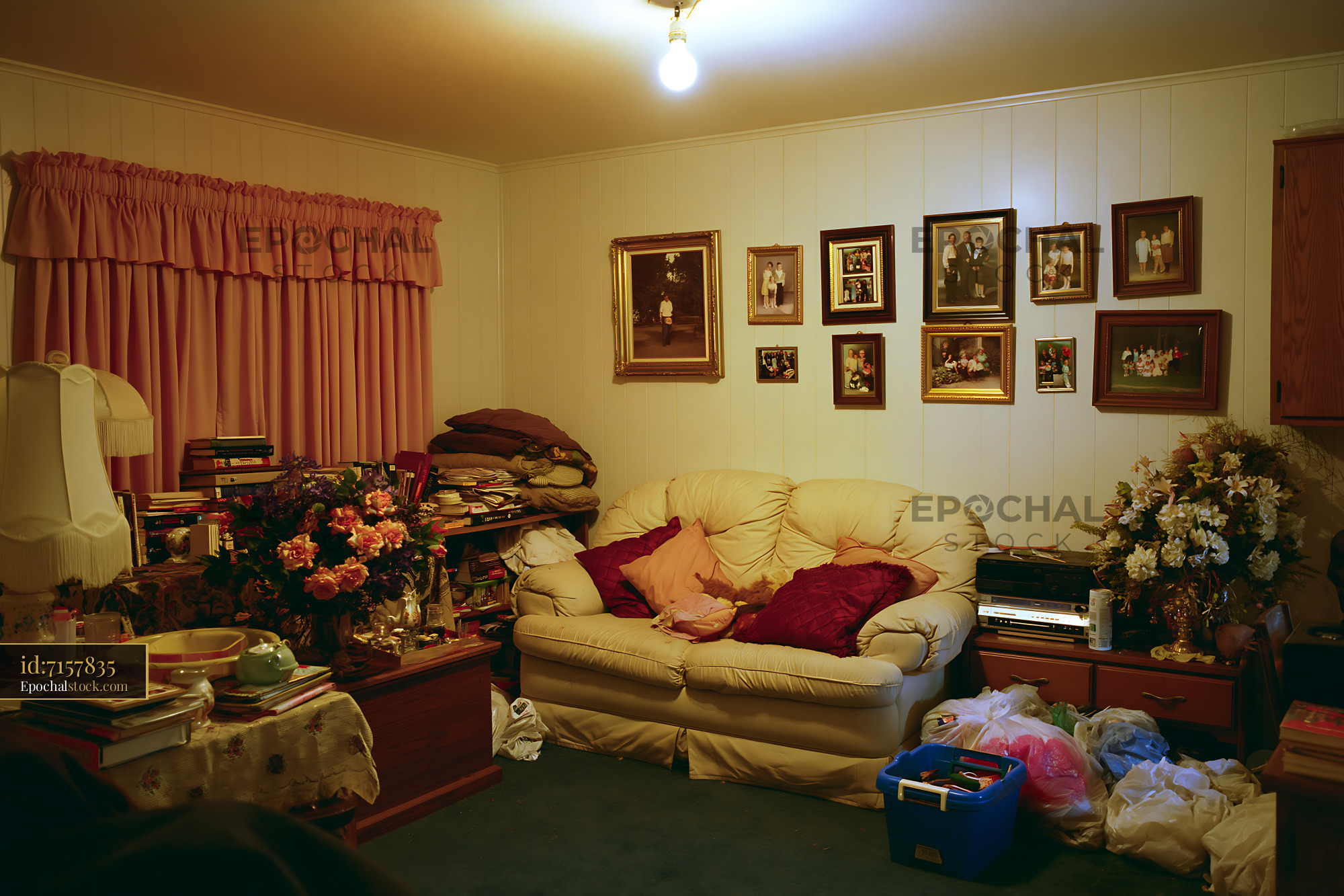 Watermarked full-resolution preview of Living room with bookshelves and family photos in a cozy setting