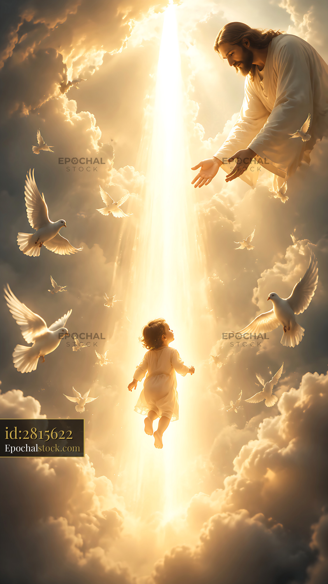 Watermarked full-resolution preview of Child reaching for figure in light among clouds and doves