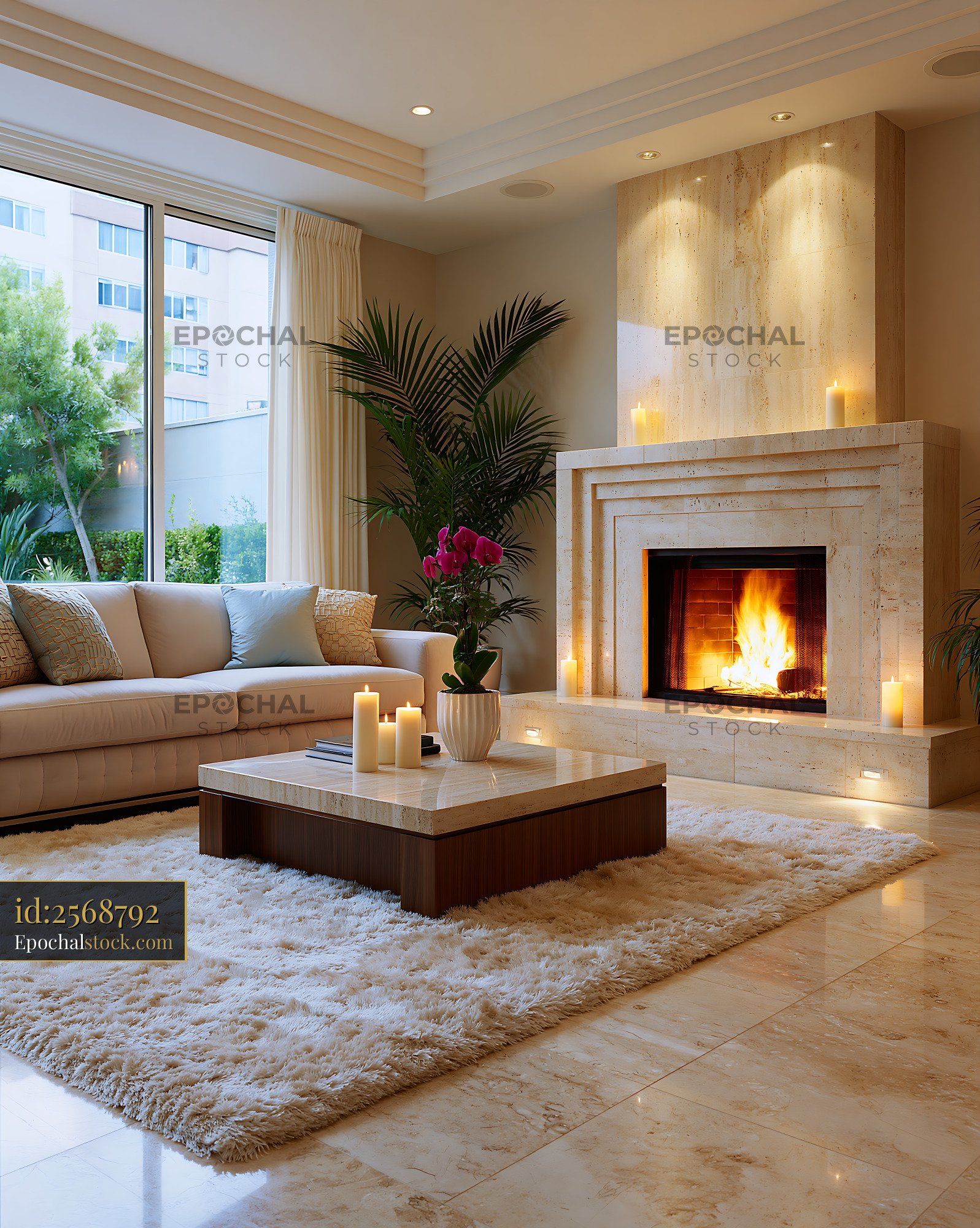 Watermarked full-resolution preview of Cozy living room with fireplace and plants in a modern setting