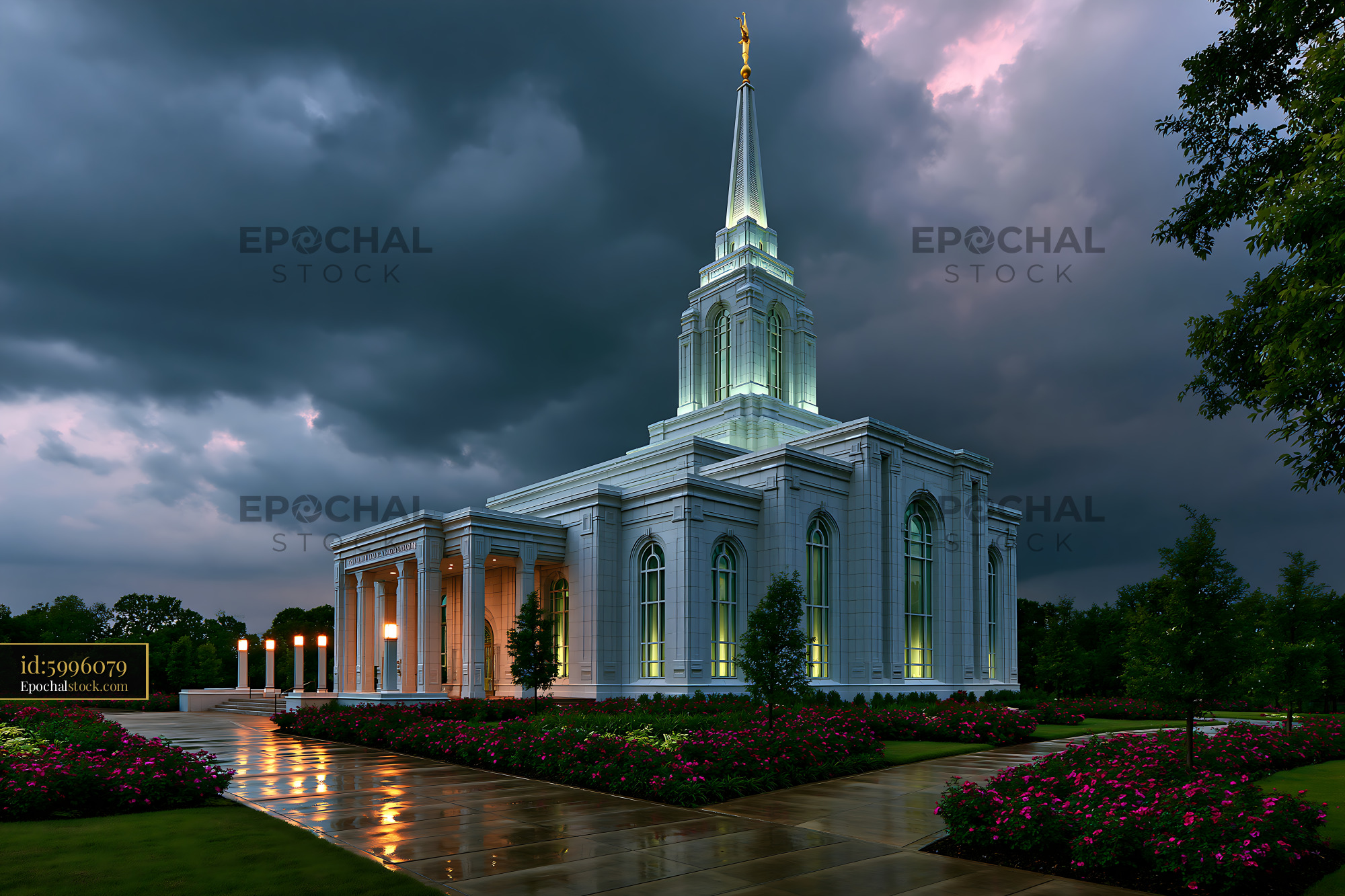Watermarked full-resolution preview of Building with tall spire under dark sky near blooming flowers