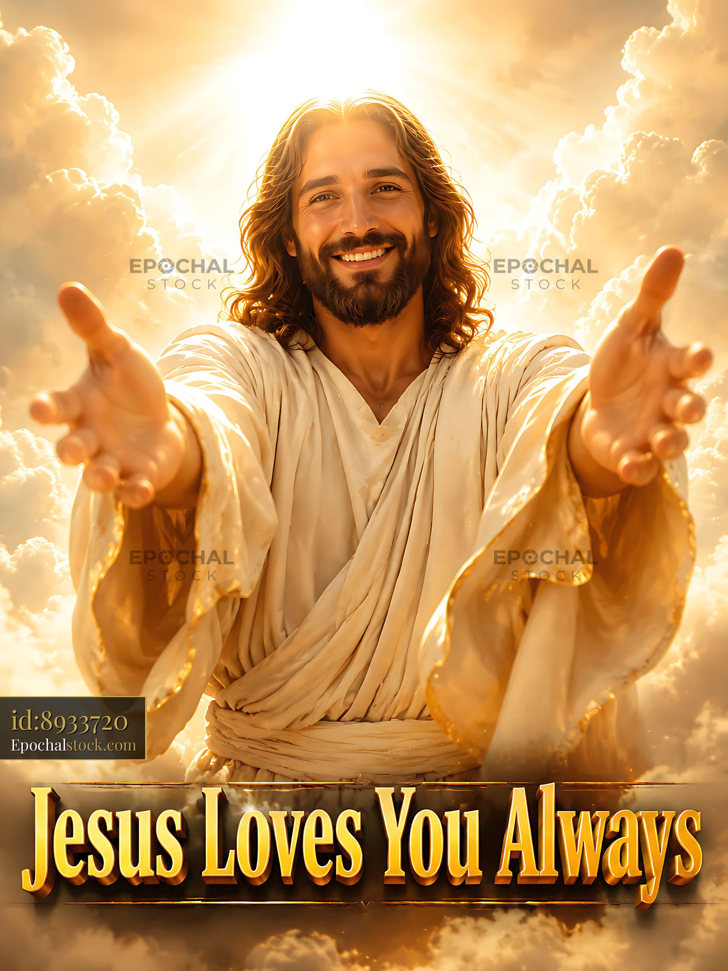 Watermarked full-resolution preview of Figure of Jesus with open arms under bright light