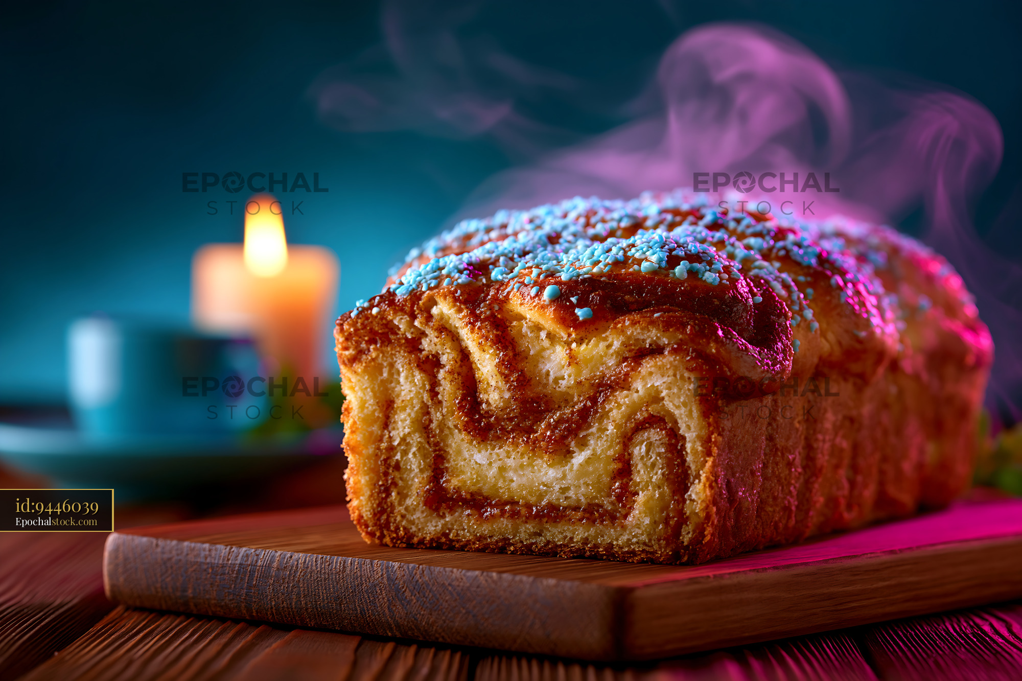 Watermarked full-resolution preview of Baked loaf with colorful topping on wooden board in soft light