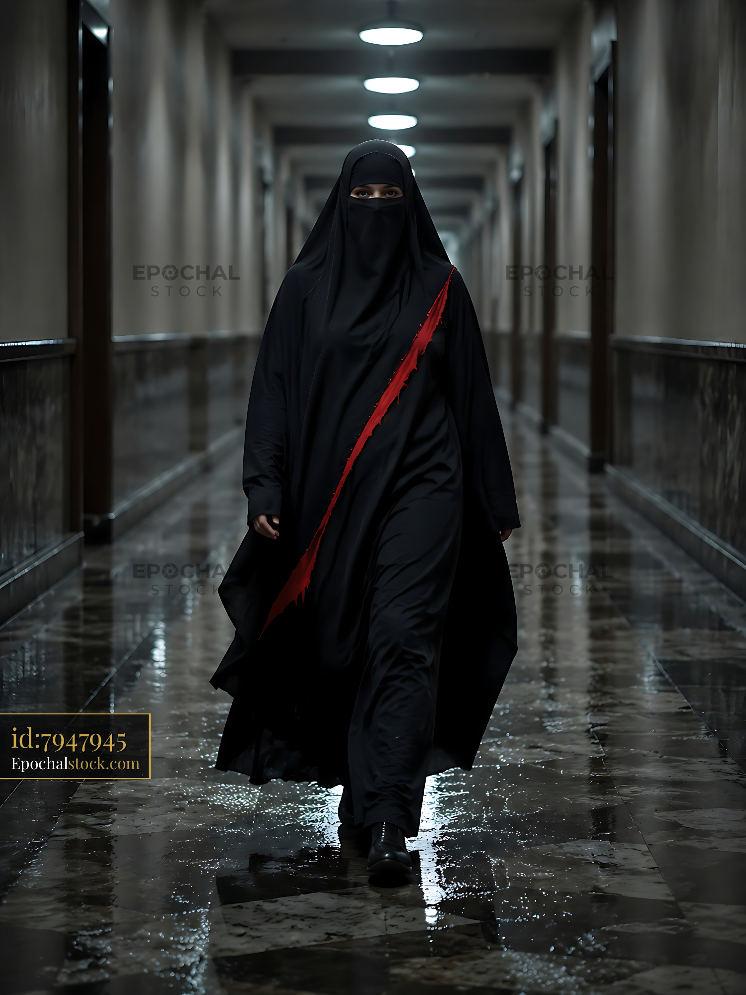 Watermarked full-resolution preview of Woman in black attire walking through a hallway
