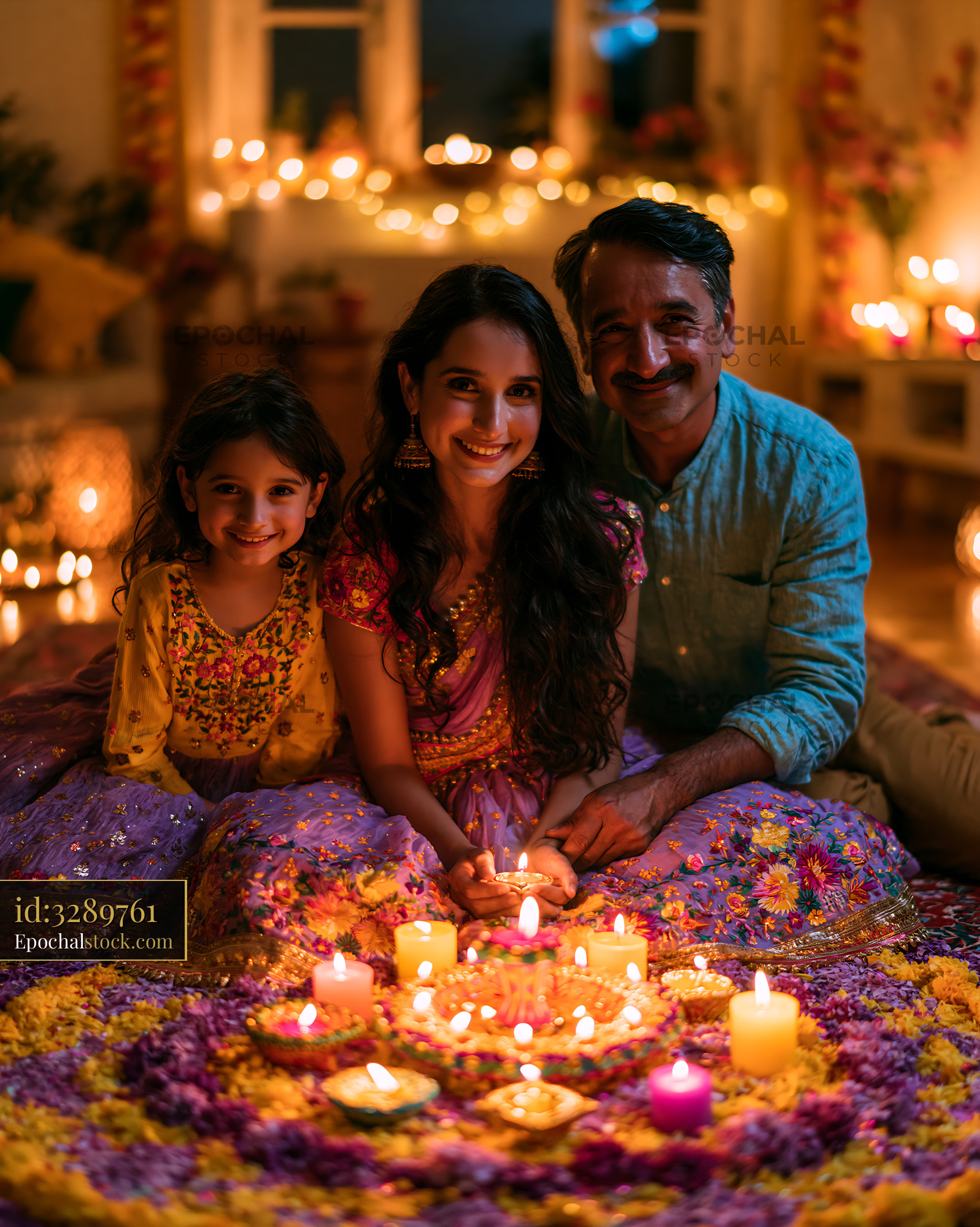 Watermarked full-resolution preview of Family celebration during festival with candles and decorations