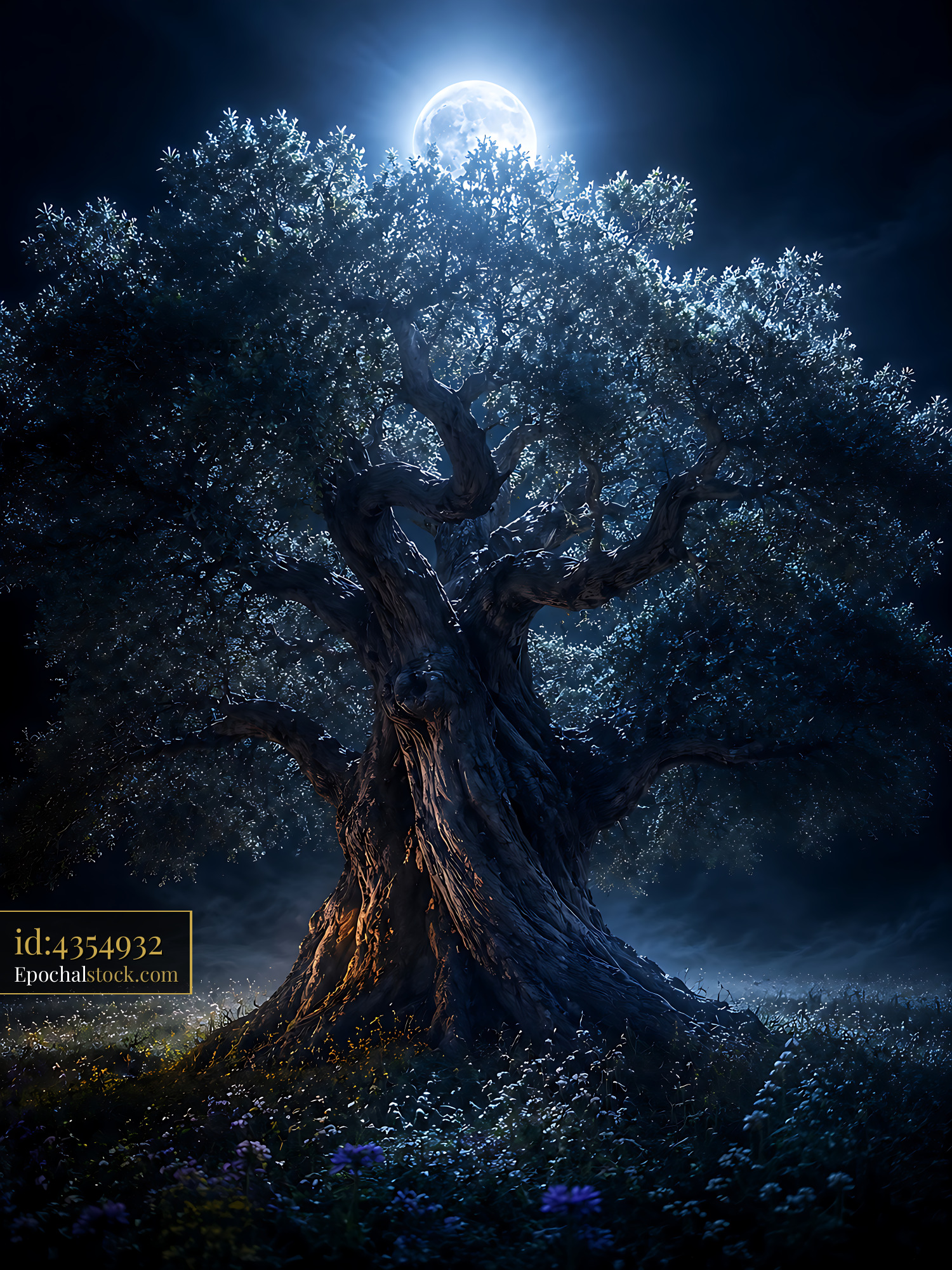 Tree Stands Under Moonlight in a Dark Forest at Night - stock photo